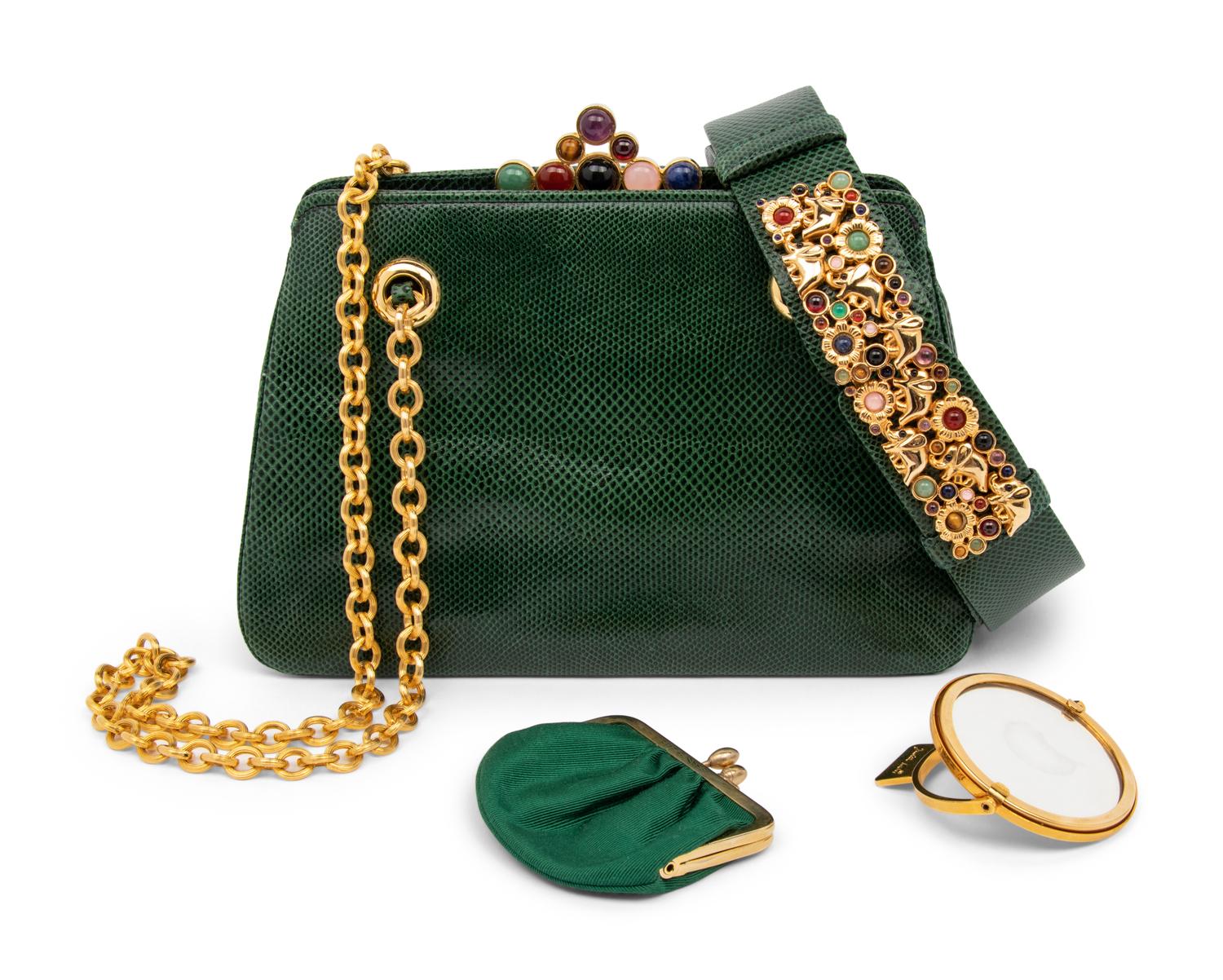 Judith Leiber Green Snakeskin Bag and Belt, 1980-90s