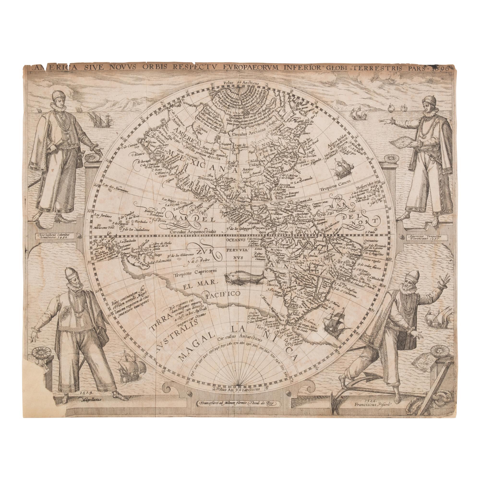 [Map]. De Bry, Theodore (1528-1598). America Sive Novus Orbis Respectu Europaeorum Inferior Globi Terrestris. Frankfurt, 1596.