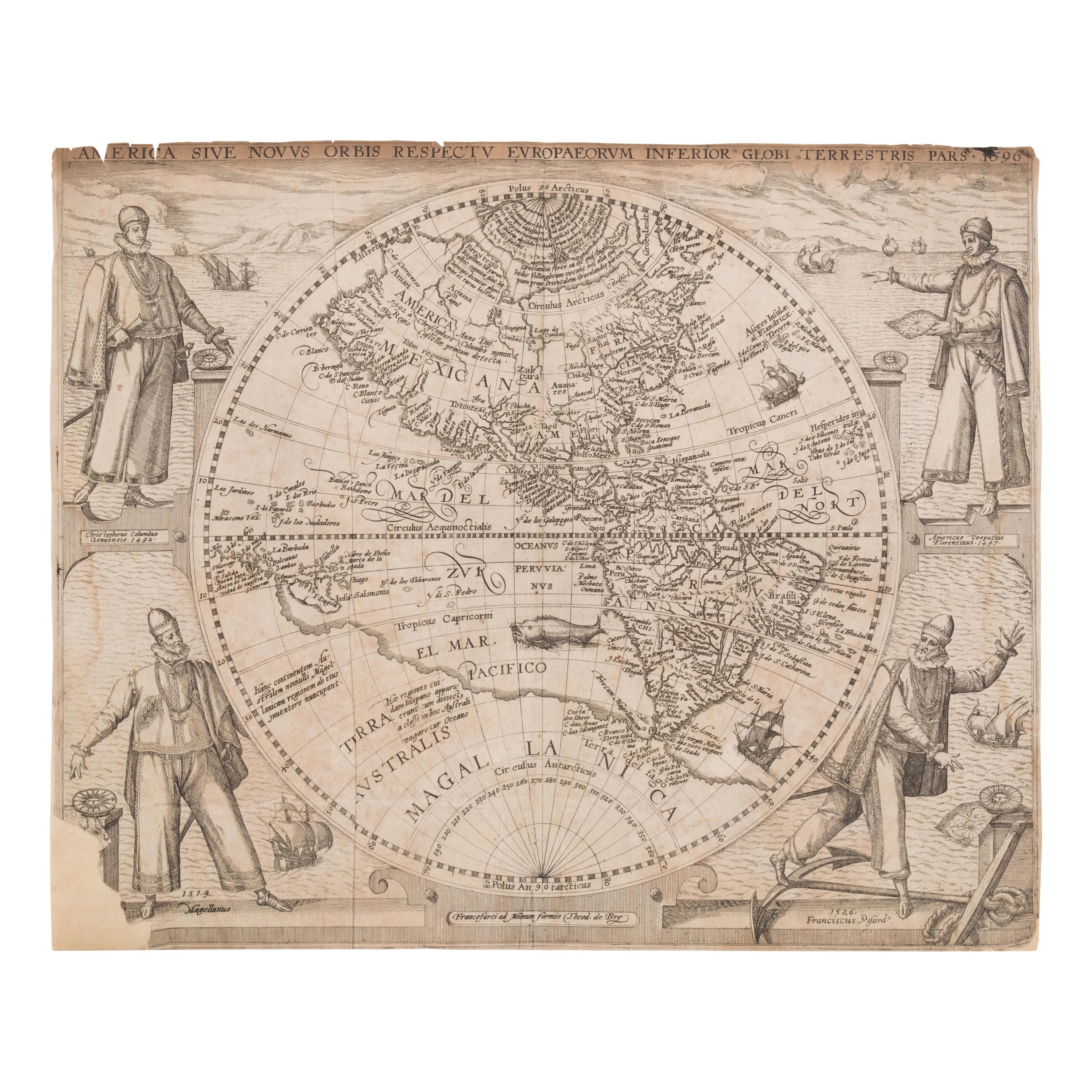 [Map]. De Bry, Theodore (1528-1598). America Sive Novus Orbis Respectu Europaeorum Inferior Globi Terrestris. Frankfurt, 1596.