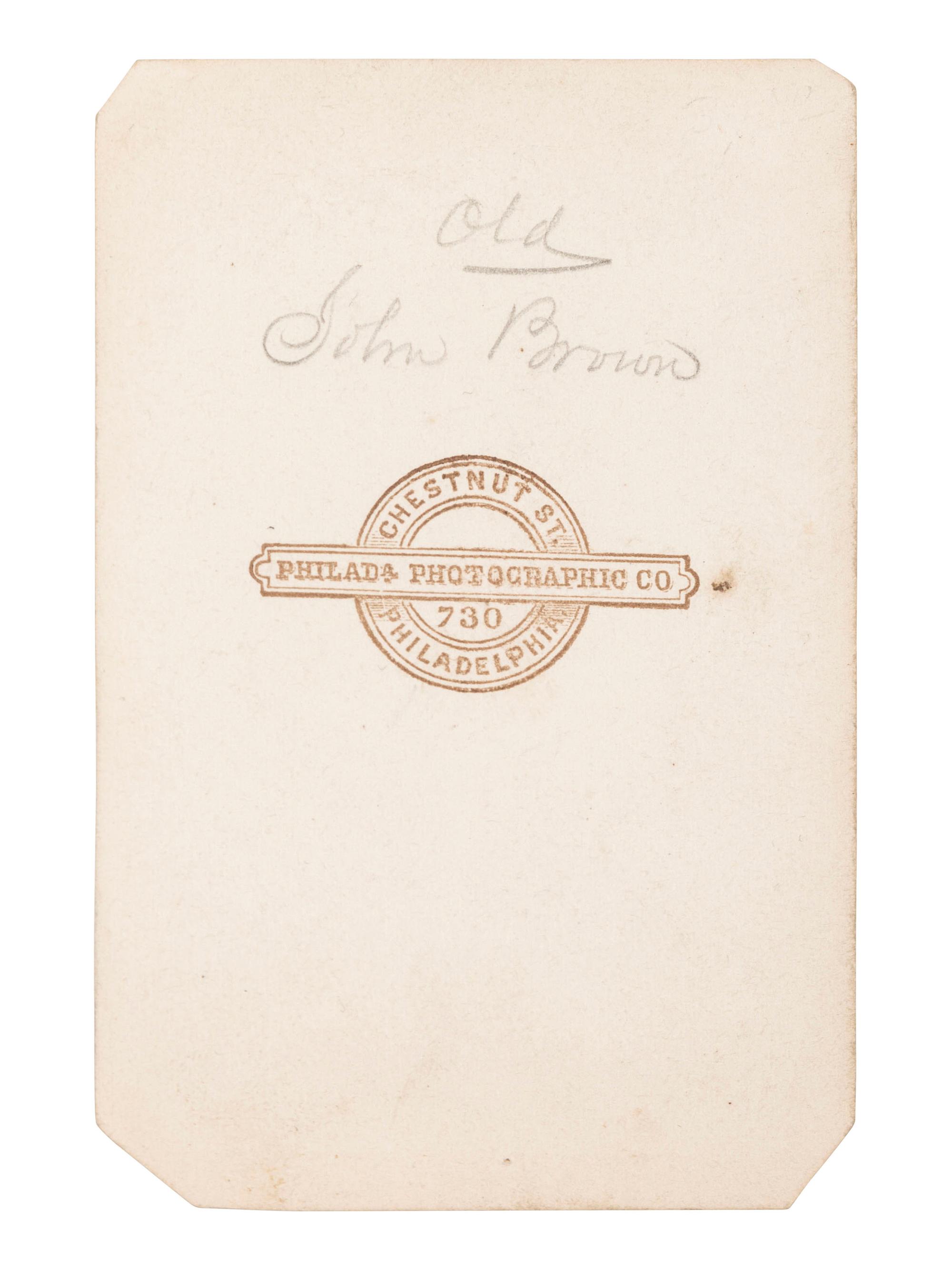 [BROWN, John (800-1859)]. CDV portrait of John Brown. Philadelphia, PA: Philadelphia Photographic Co., n.d.