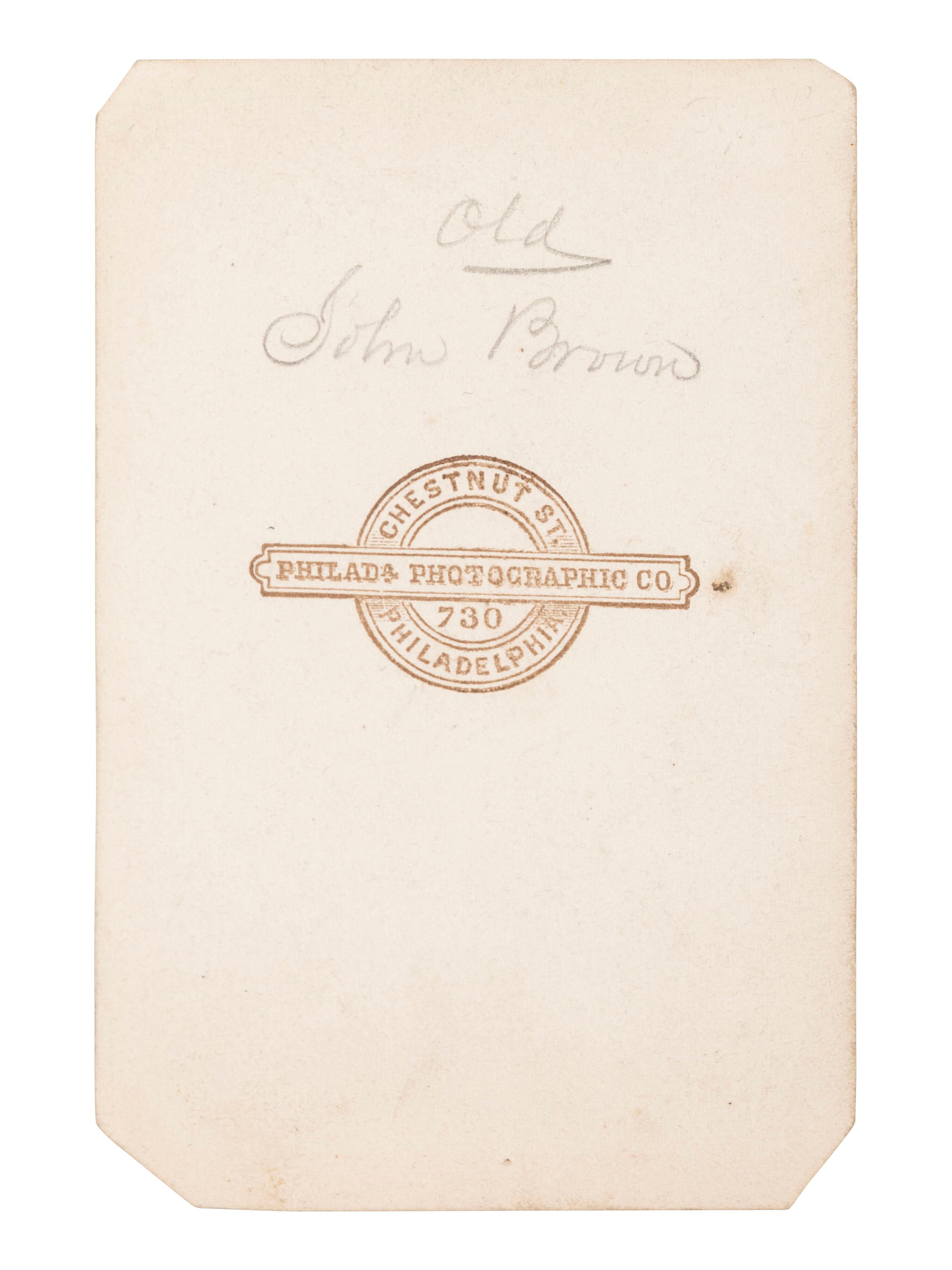 [BROWN, John (800-1859)]. CDV portrait of John Brown. Philadelphia, PA: Philadelphia Photographic Co., n.d.