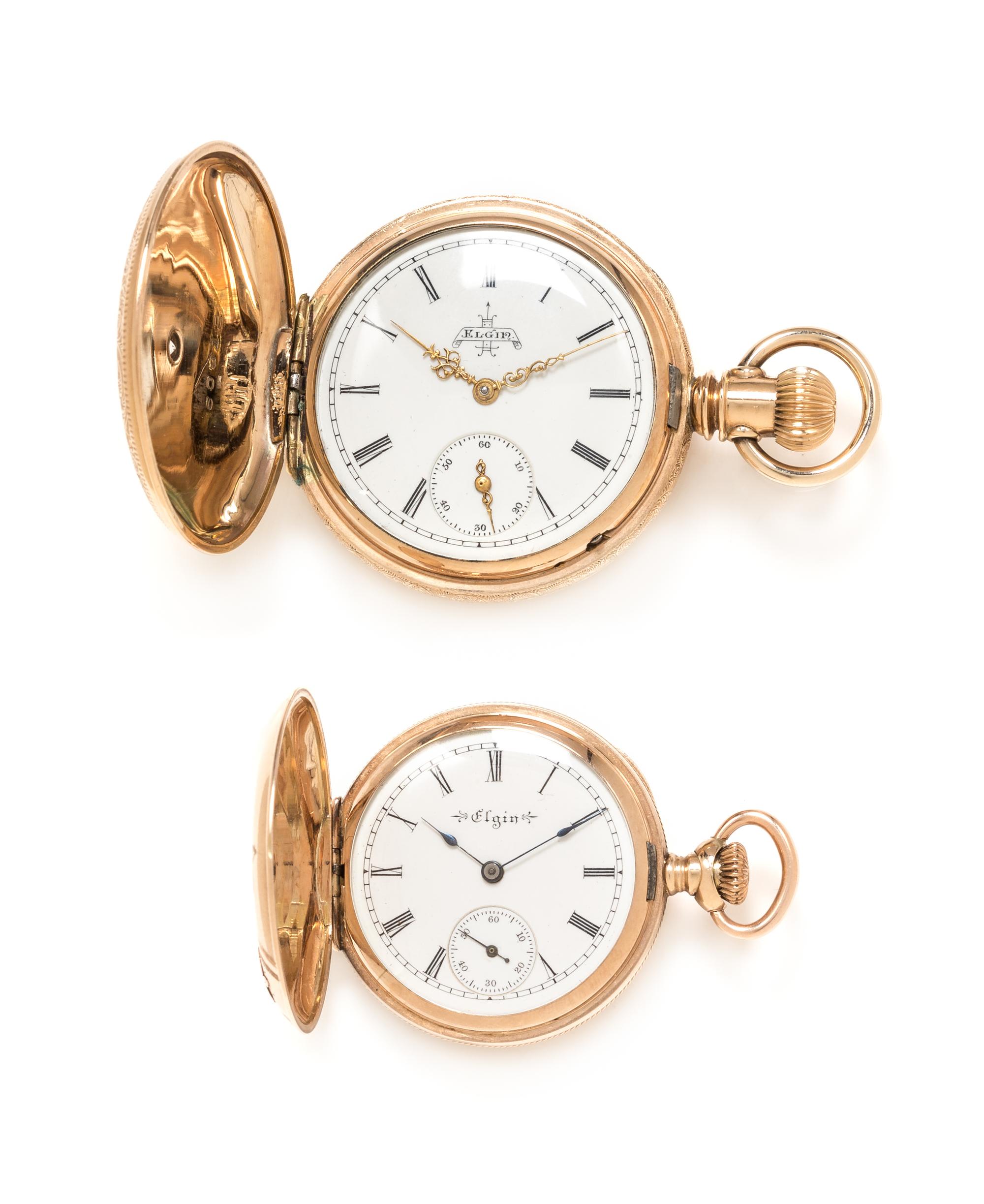 A Collection of Tricolor Gold Filled, Diamond and Ruby Hunter Case Pocket Watches, Elgin, Circa 1890 and 1899, 64.40 dwts.