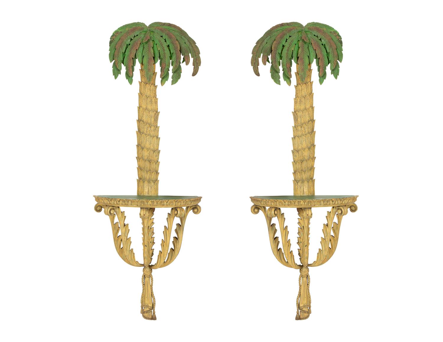 A Pair of Carved and Painted Palm Tree-Form Console Tables