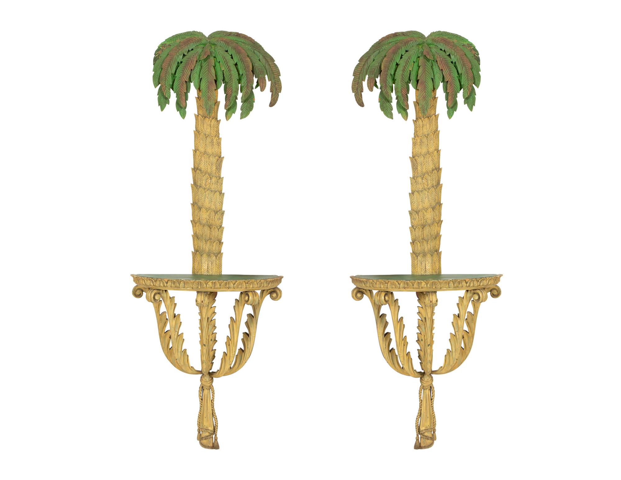 A Pair of Carved and Painted Palm Tree-Form Console Tables