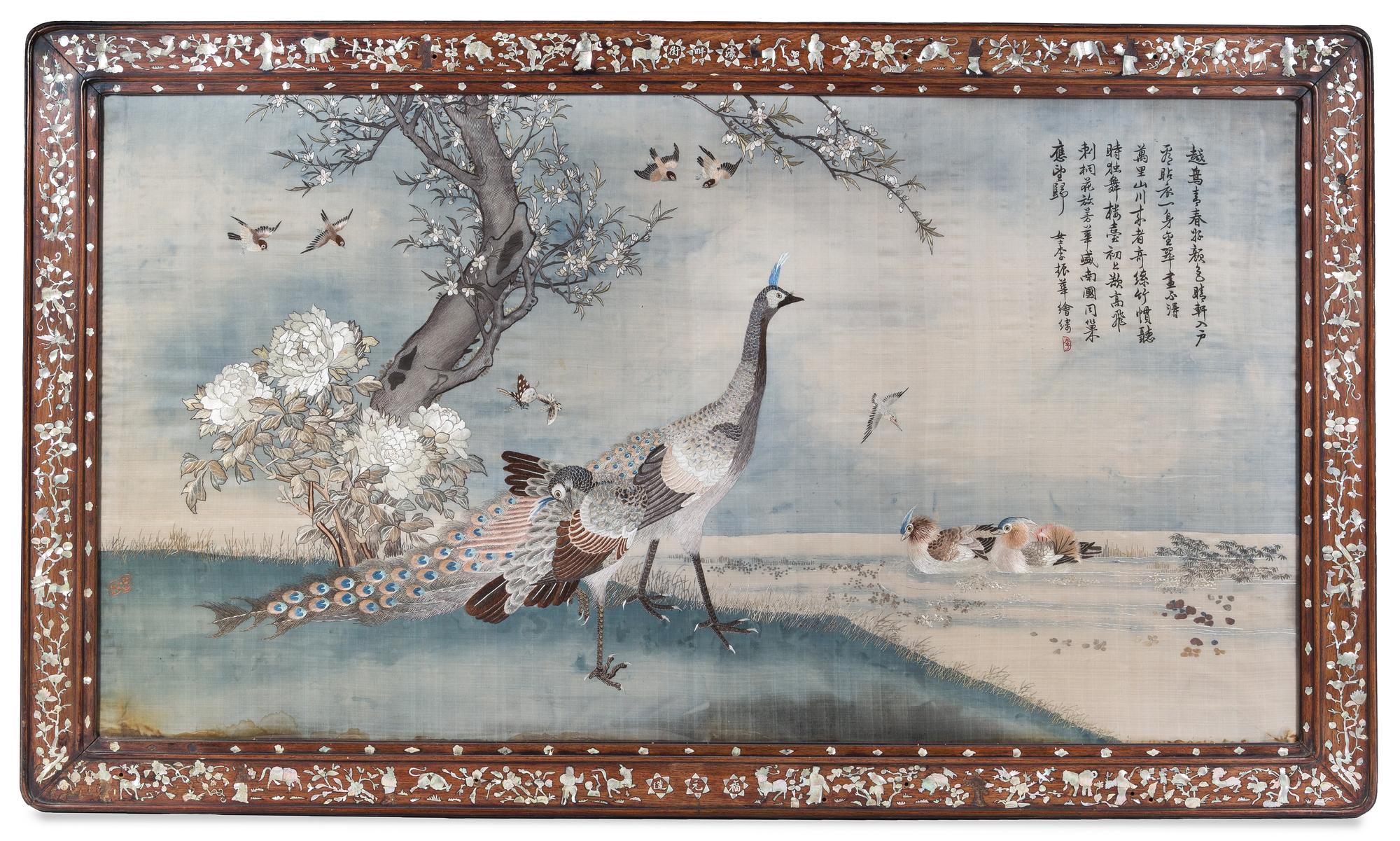 A Large Cantonese Embroidered Silk Panel 33 1/2 x 63 inches (image).