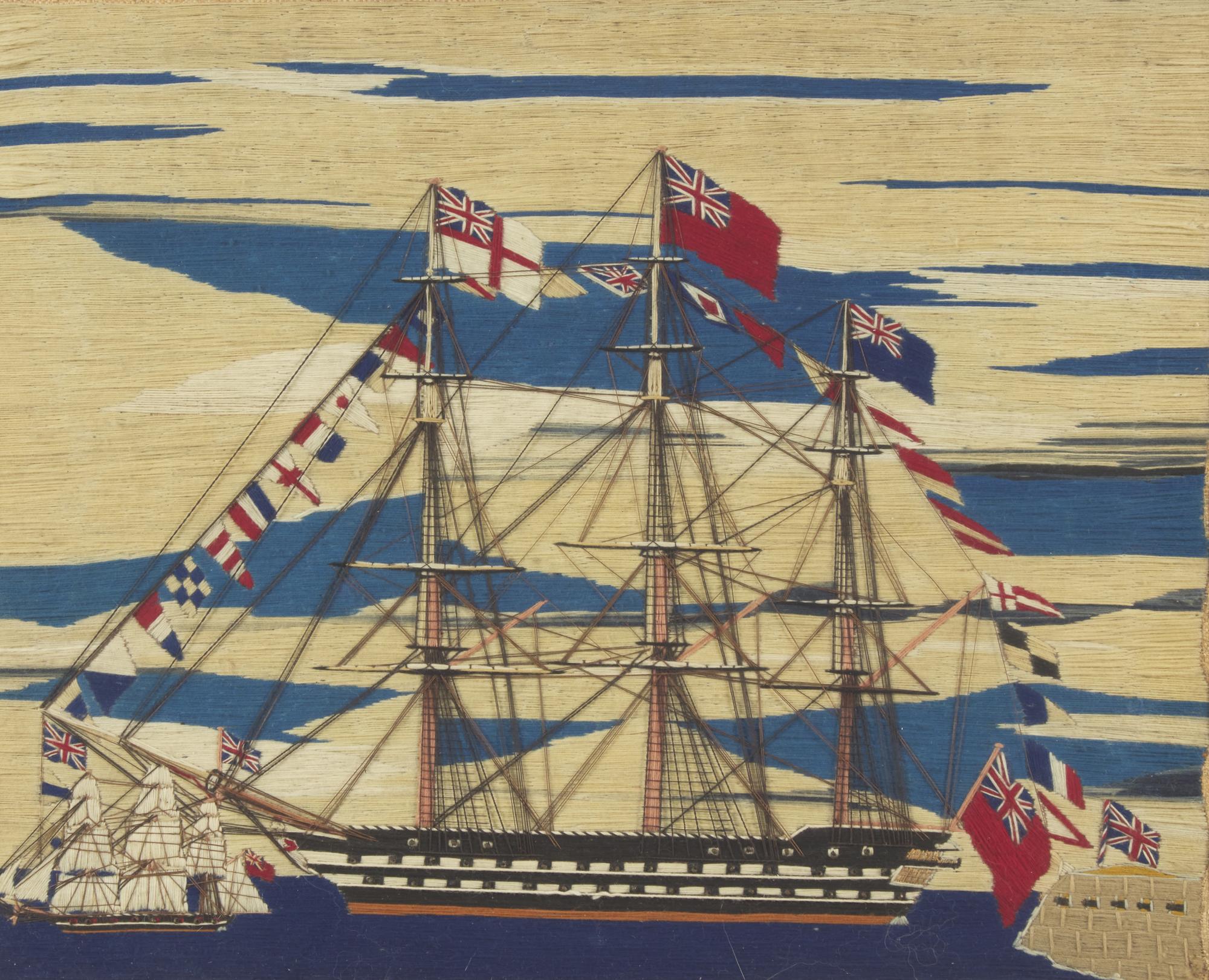 Two Sailor-Made Woolwork Pictures of Ships Festooned with Signal Flags, 19th Century