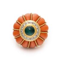 Coral, Synthetic Emerald, and Diamond Ring