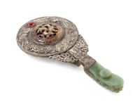 A Chinese Jade and Hardstone Inset Mirror