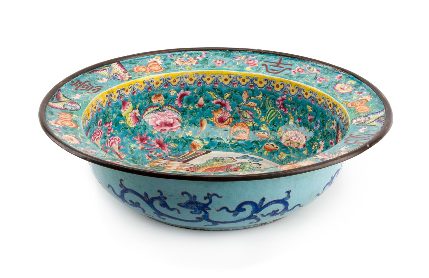A Chinese Peking Enameled Bowl Height 4 1/2 x diameter 16 inches.