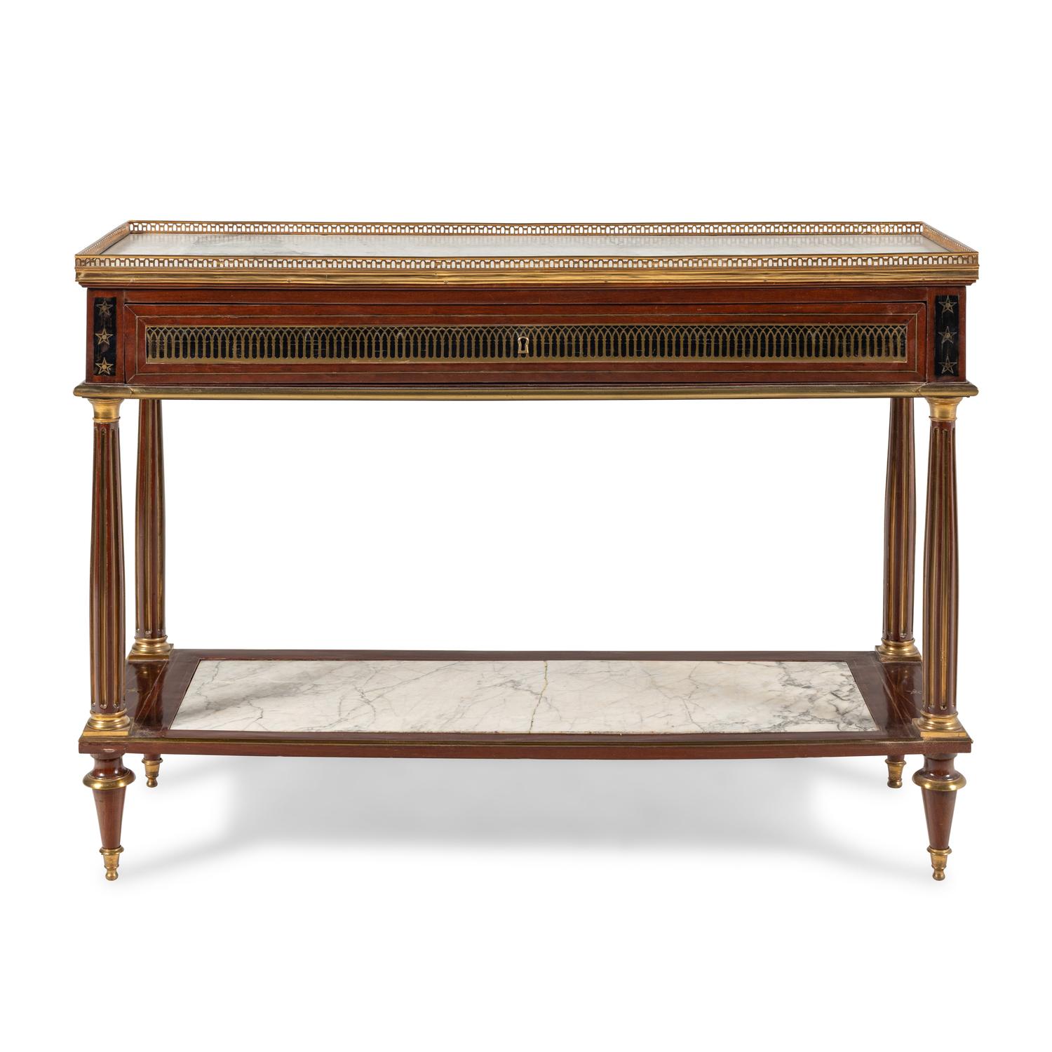 A Directoire Mahogany and Brass Inlaid Marble-Top Serving Table