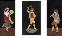 Three Framed Continental Pietra Dura Plaques Depicting Musicians