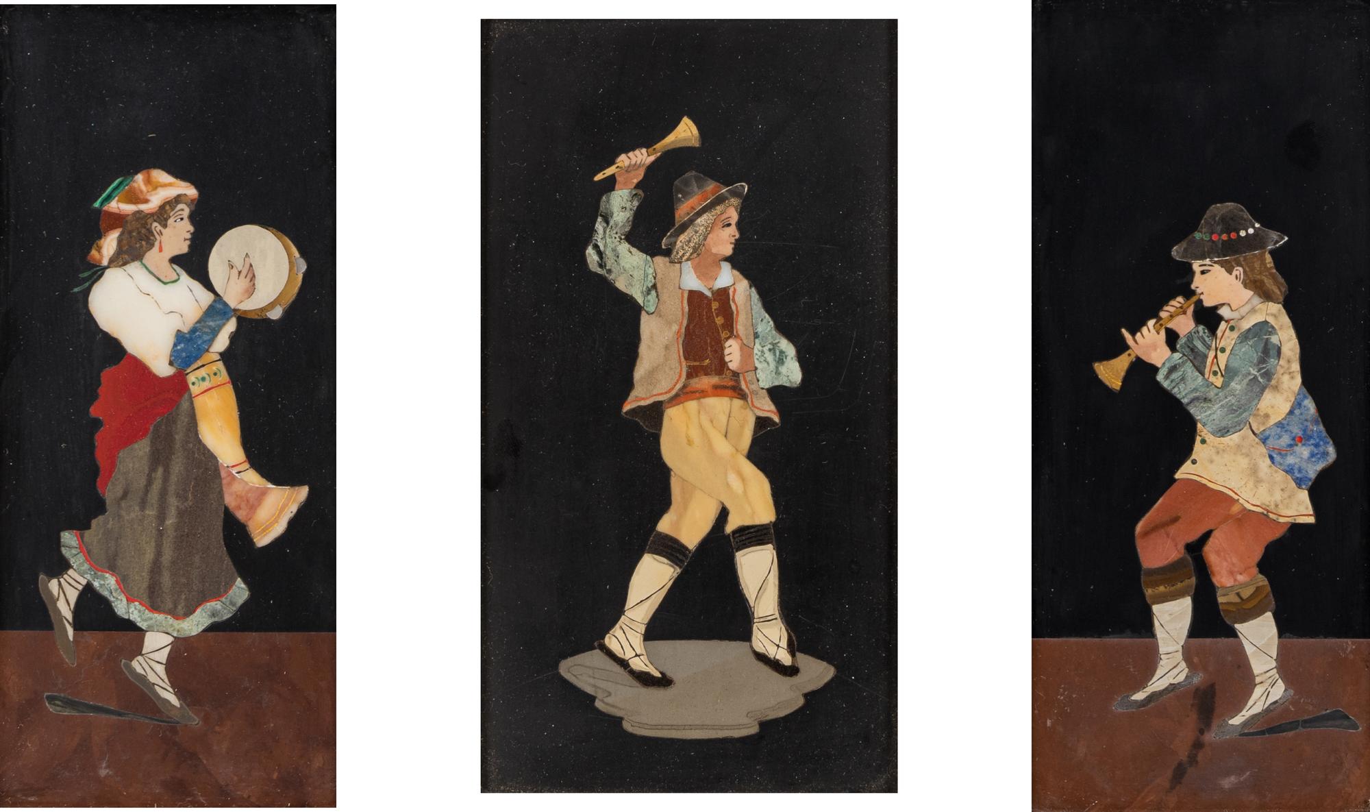 Three Framed Continental Pietra Dura Plaques Depicting Musicians