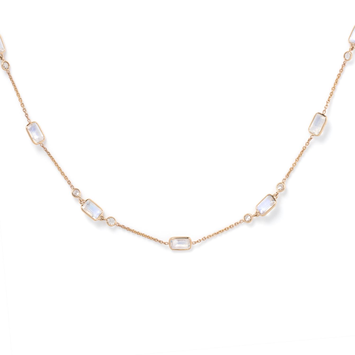 YELLOW GOLD, MOONSTONE AND DIAMOND NECKACE