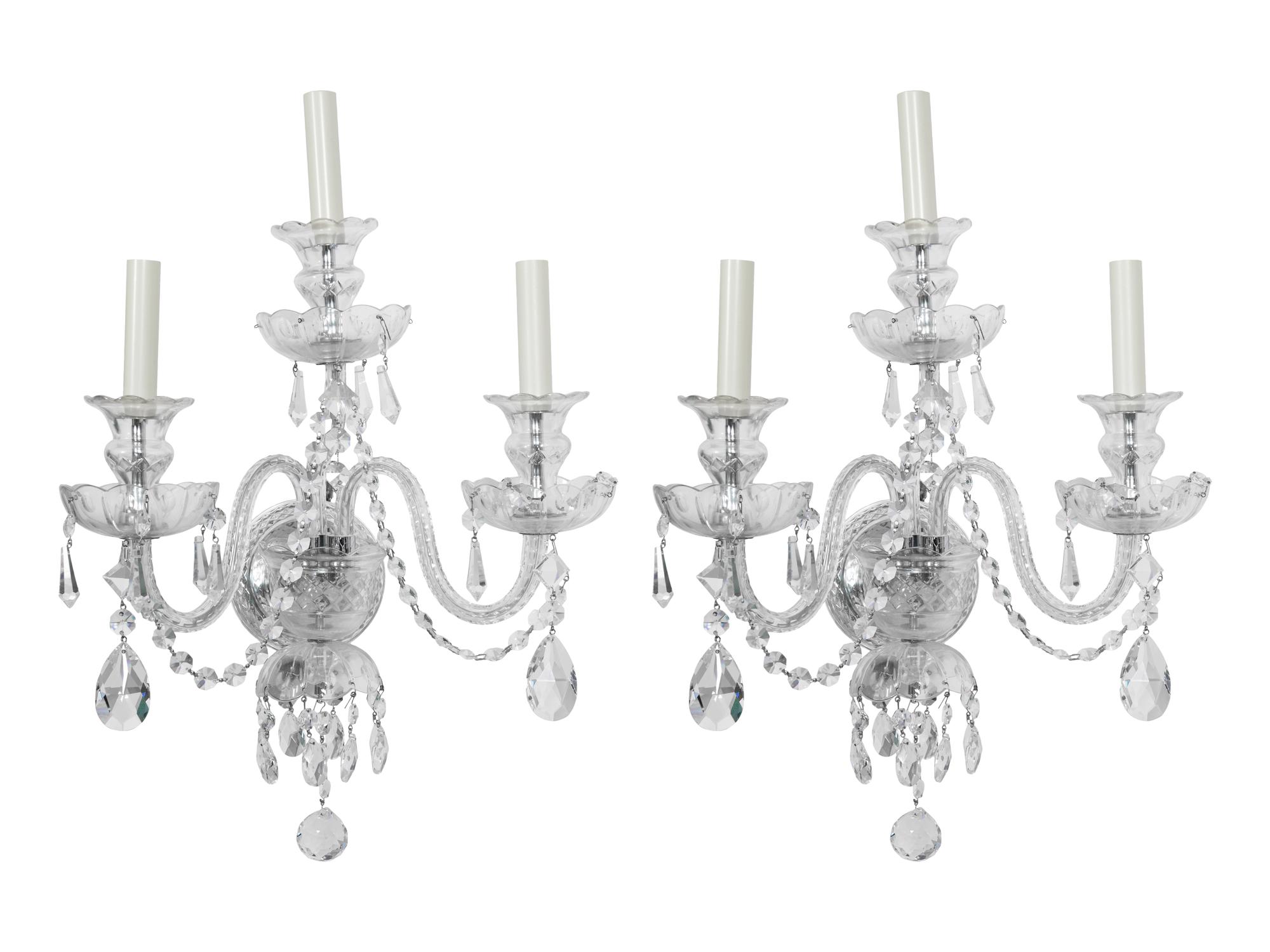 A Pair of Cut Glass Three-Light Wall Lights