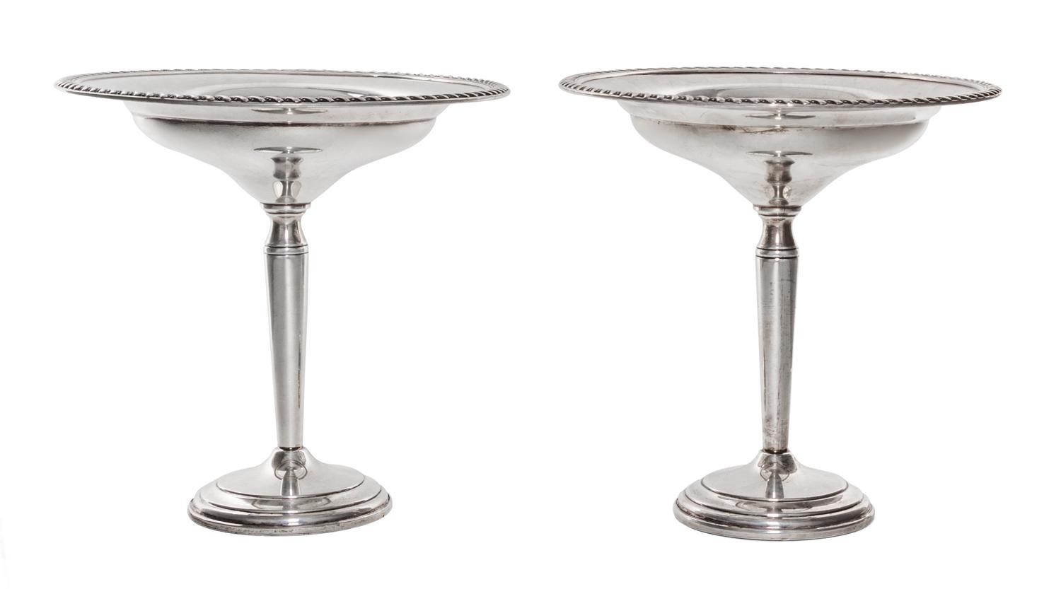 A Pair of American Silver Compotes, Poole Silver Co., Taunton, MA, Mid-20th Century, the shallow circular bowls with gadrooned rims, ra
