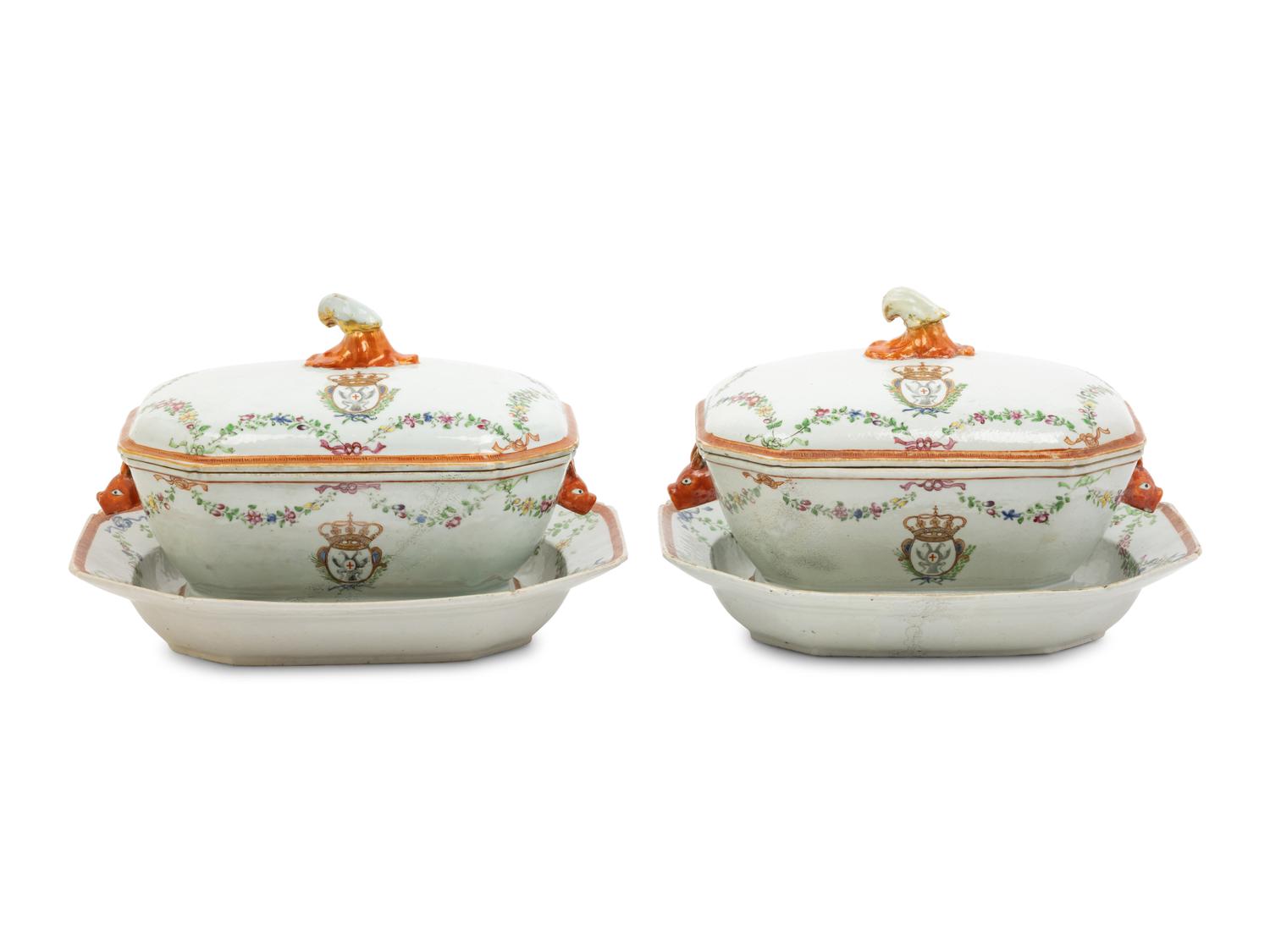 A Pair of Chinese Export Porcelain Armorial Soup Tureens on Stands, Made for the German Market