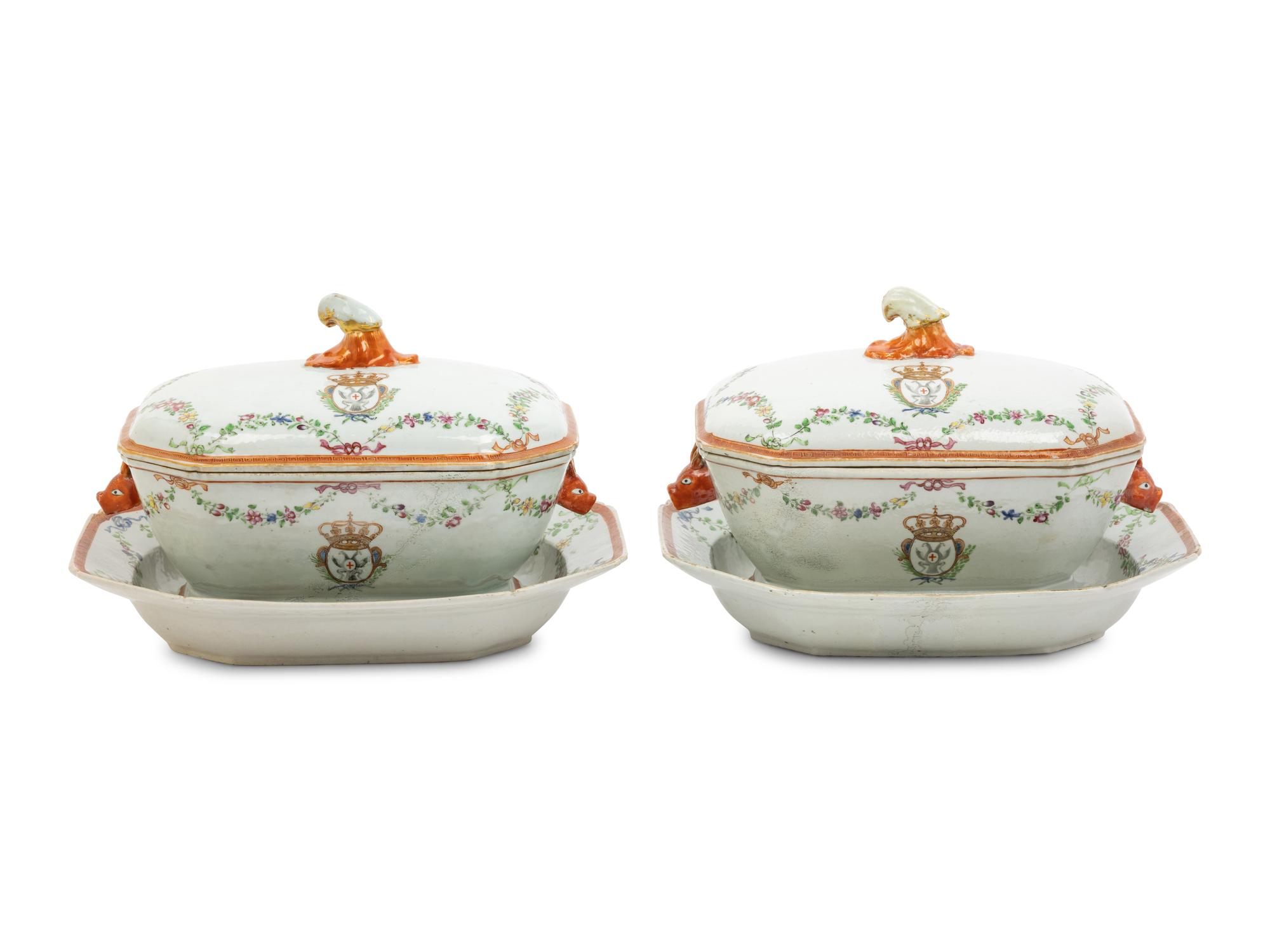 A Pair of Chinese Export Porcelain Armorial Soup Tureens on Stands, Made for the German Market
