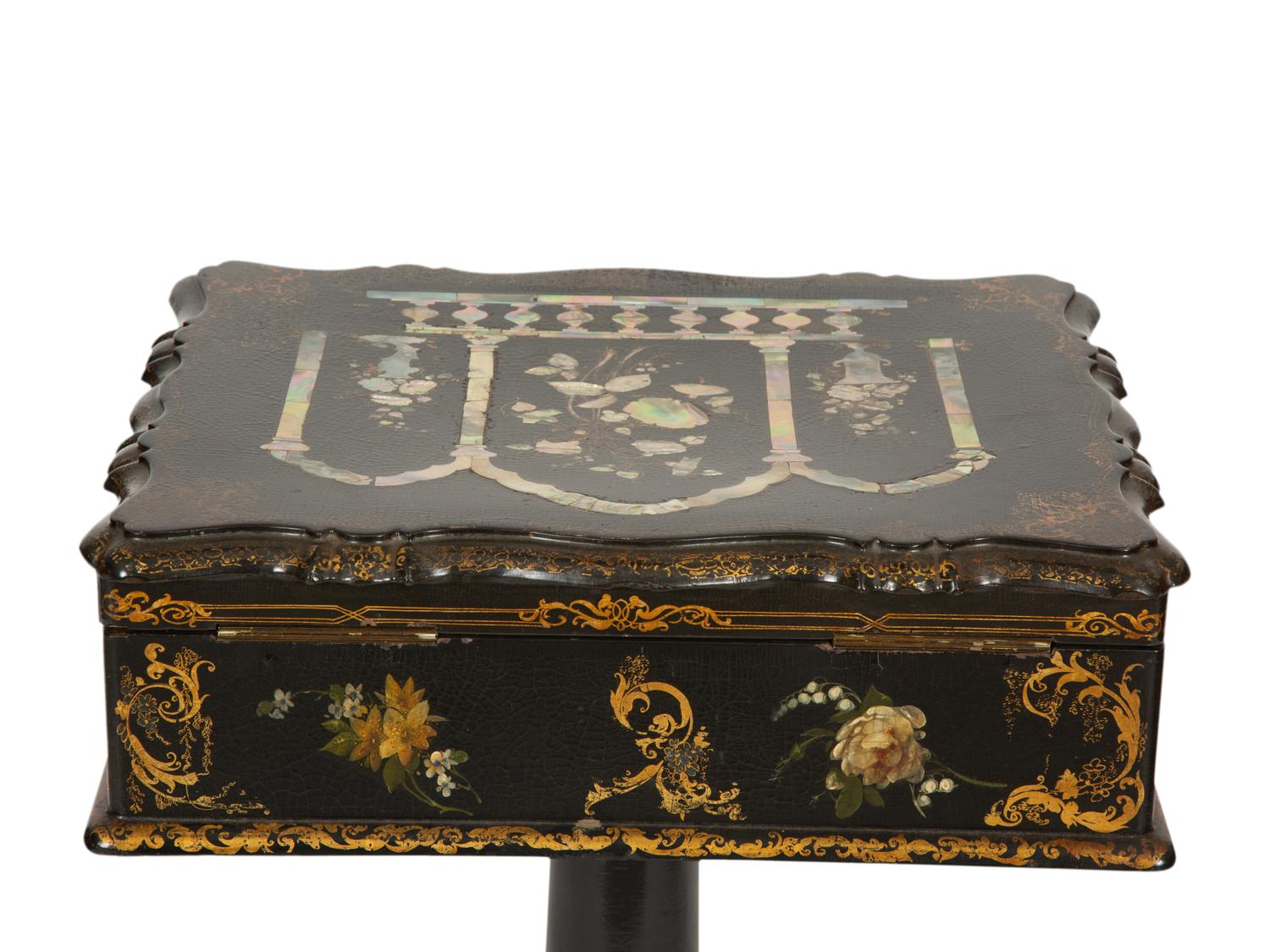 An English Victorian Black and Gilt Chinoiserie Sewing Table with Mother-of-Pearl Inlay