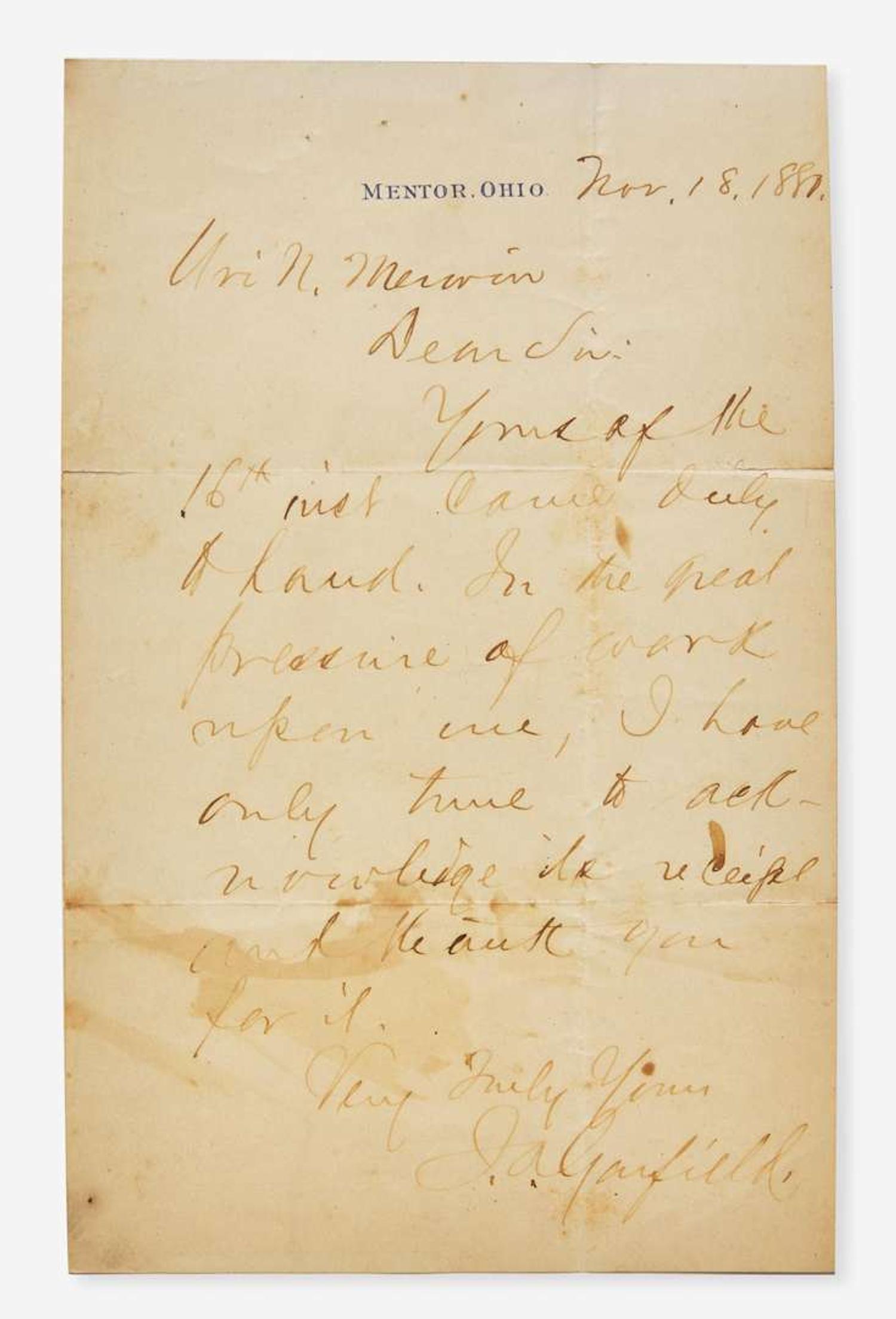 [Presidential] Garfield, James: Autograph Letter, signed