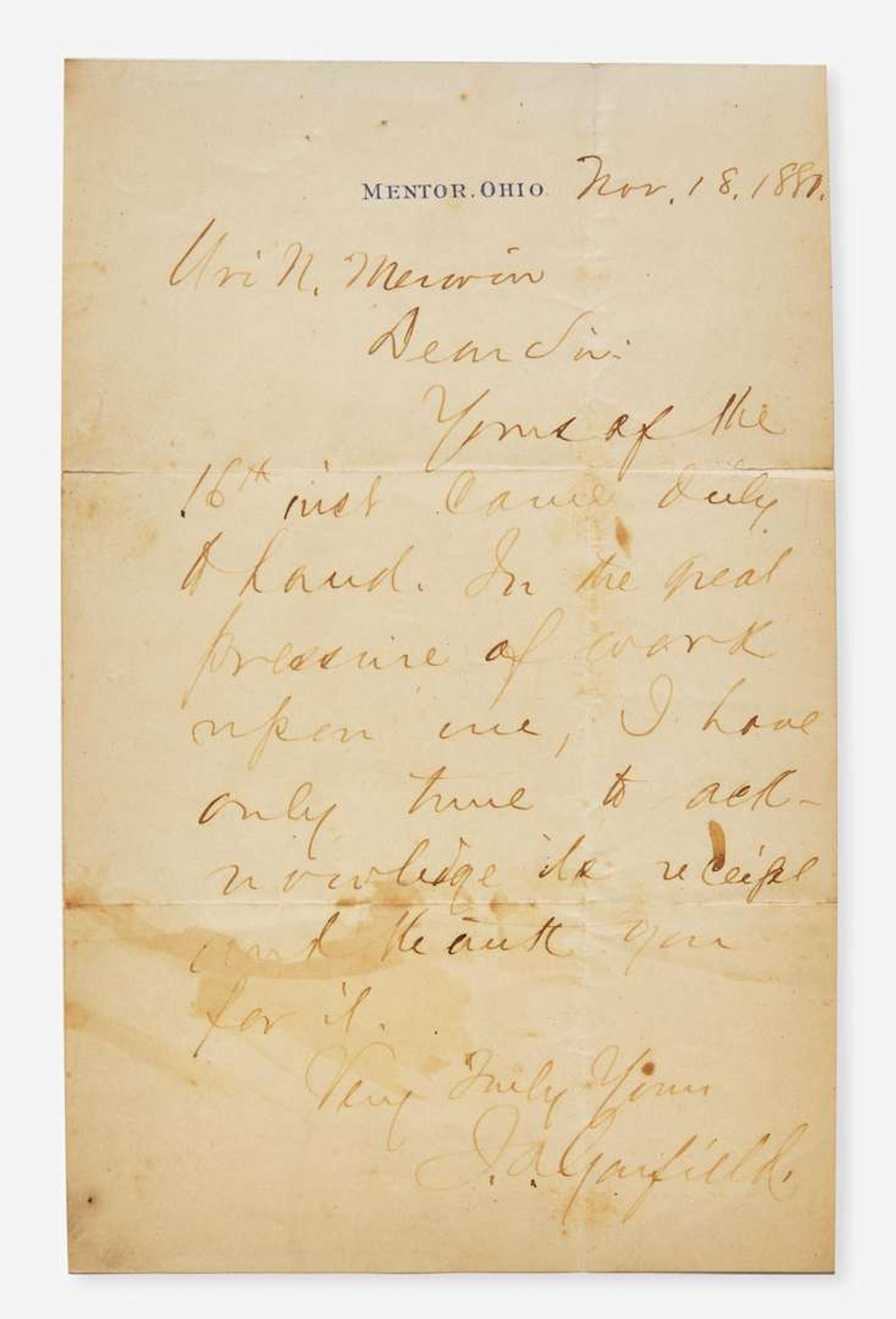 [Presidential] Garfield, James: Autograph Letter, signed