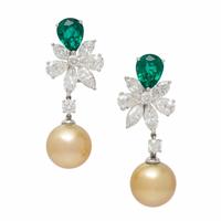 Emerald, Diamond, and Golden Cultured Pearl Earrings