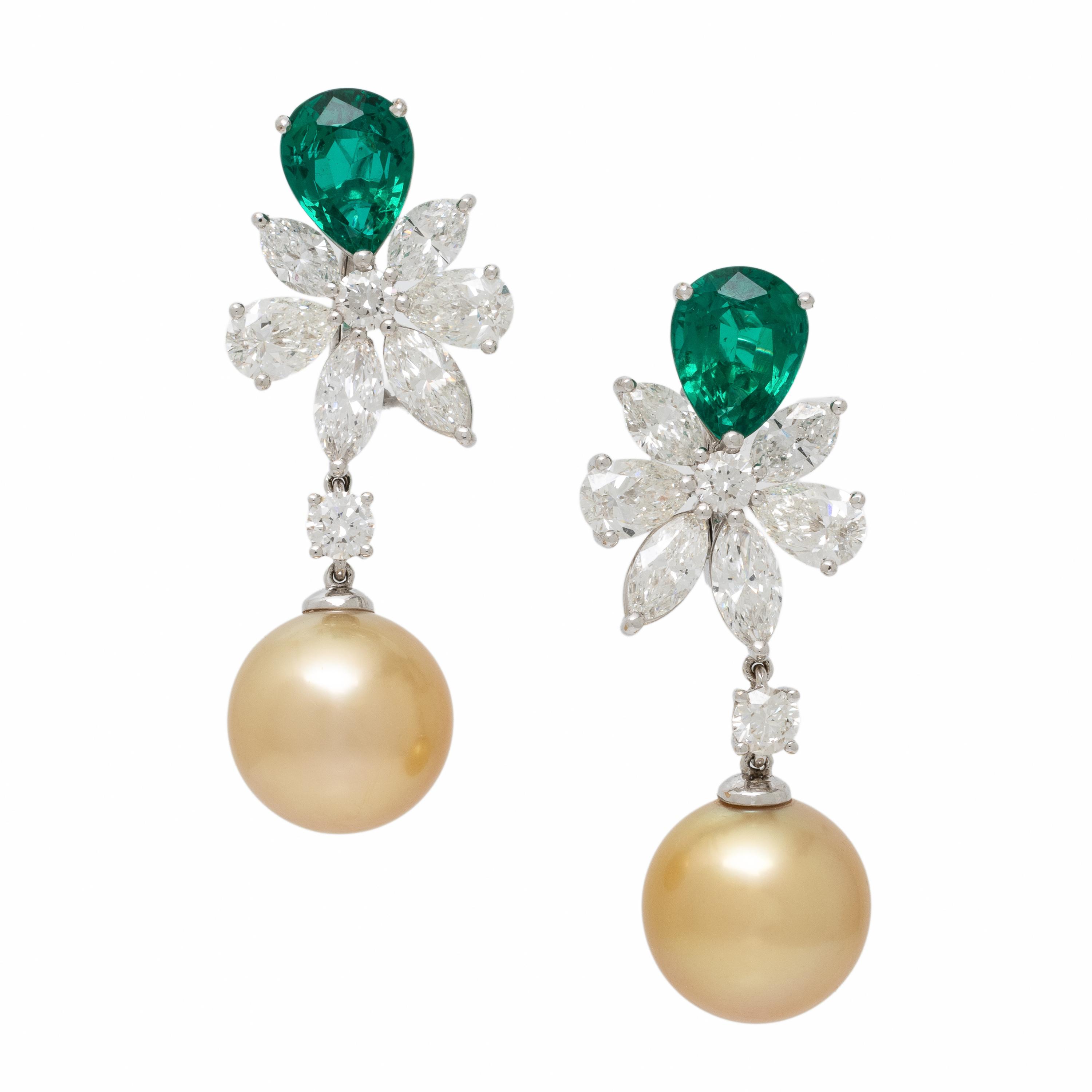 Emerald, Diamond, and Golden Cultured Pearl Earrings