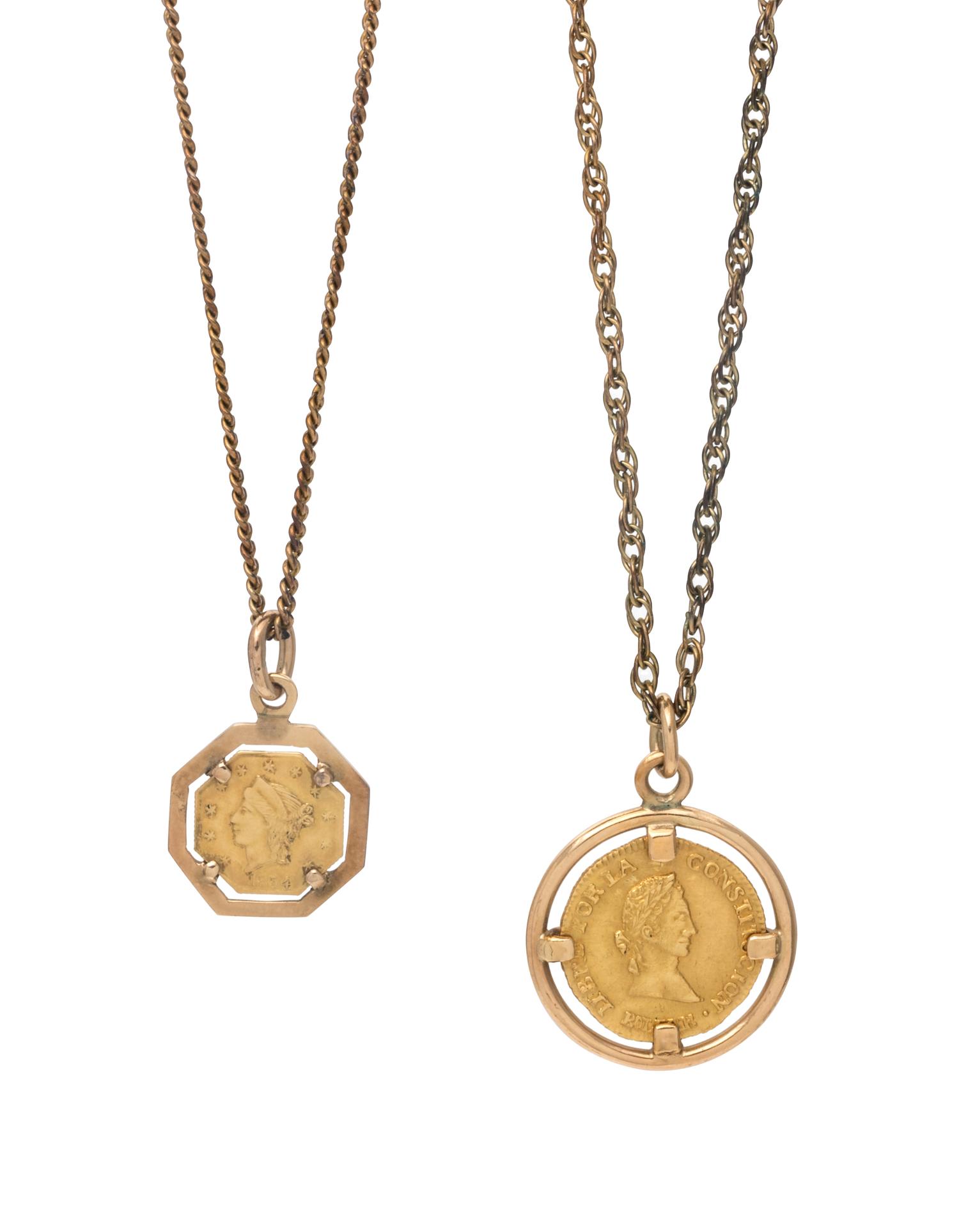 COLLECTION OF YELLOW GOLD AND COIN PENDANTS