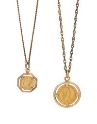 COLLECTION OF YELLOW GOLD AND COIN PENDANTS