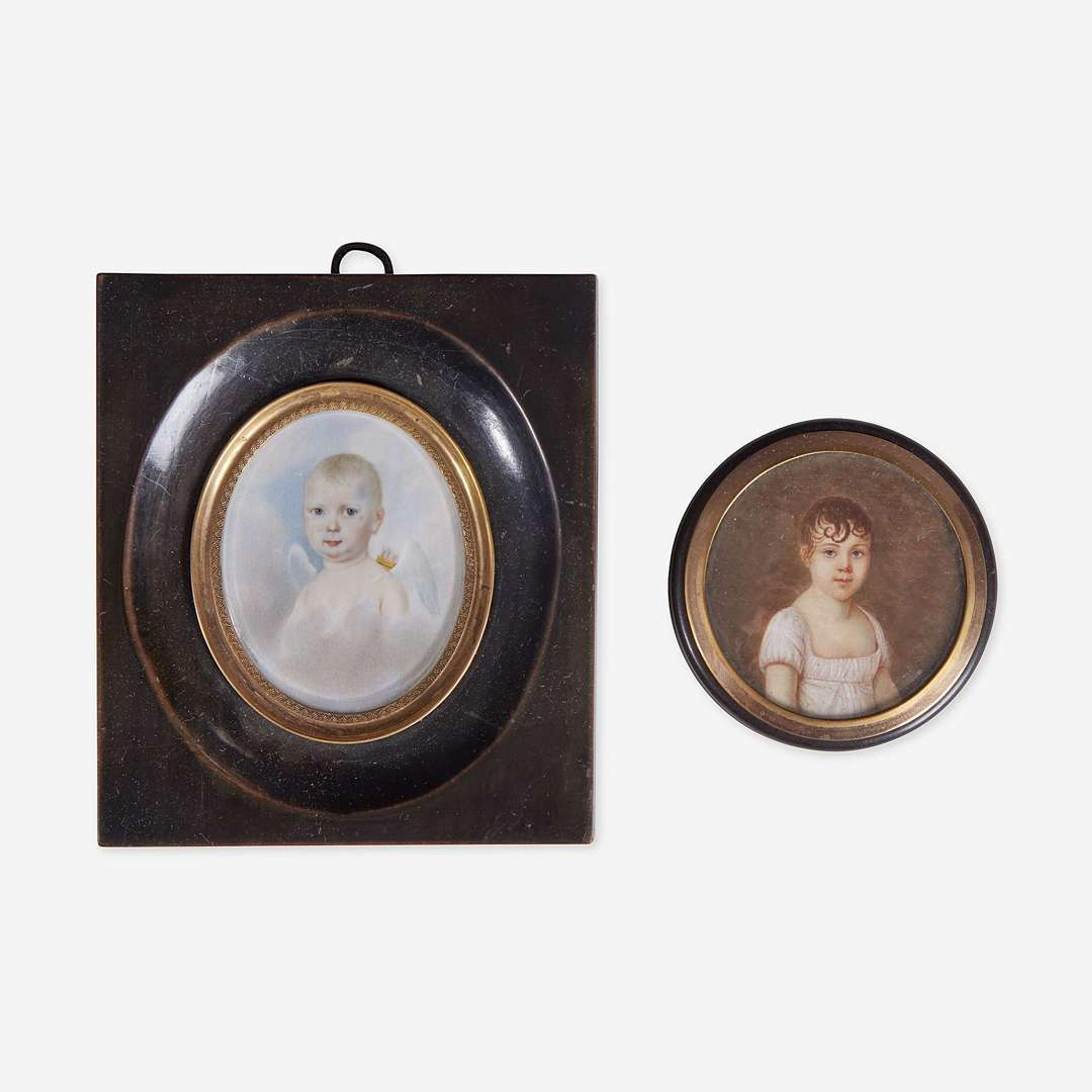 Frederick Dubois (French, 1780-1819) and Carl Philippot (Franco-Austrian, 1801-1859) Two portrait miniatures: a young girl in pink dress, dated "1808", and a young child with wings and quiver, dated "1834"