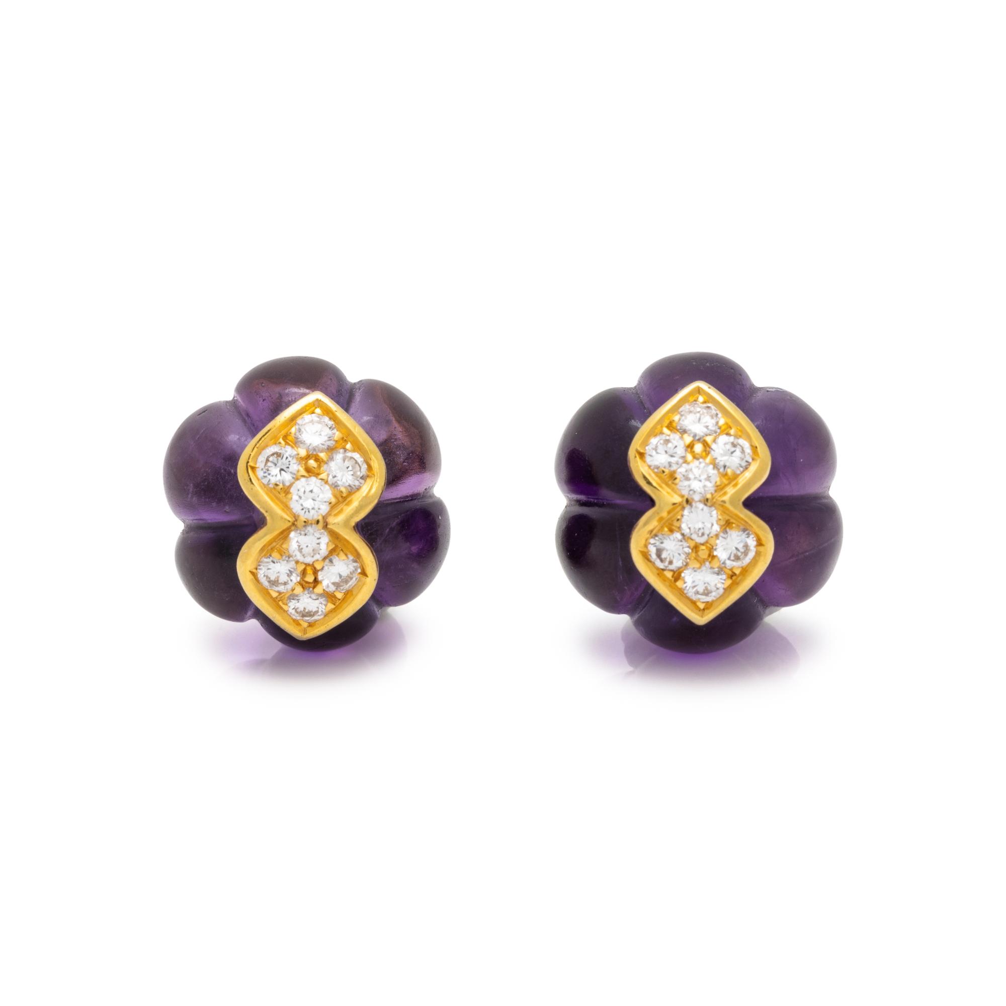 CARVED AMETHYST, EMERALD AND DIAMOND CONVERTIBLE CLIP EARRINGS