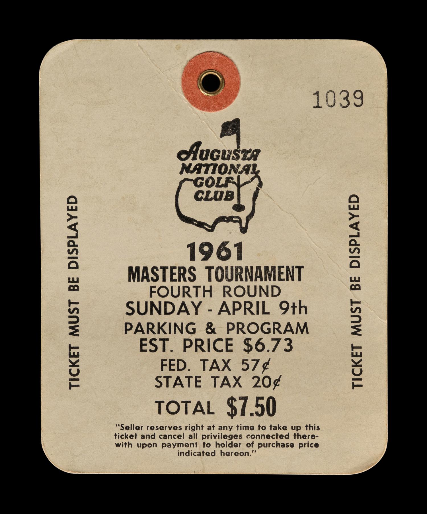 A 1961 Masters Golf Tournament Augusta National Ticket (Gary Player's First Championship)
