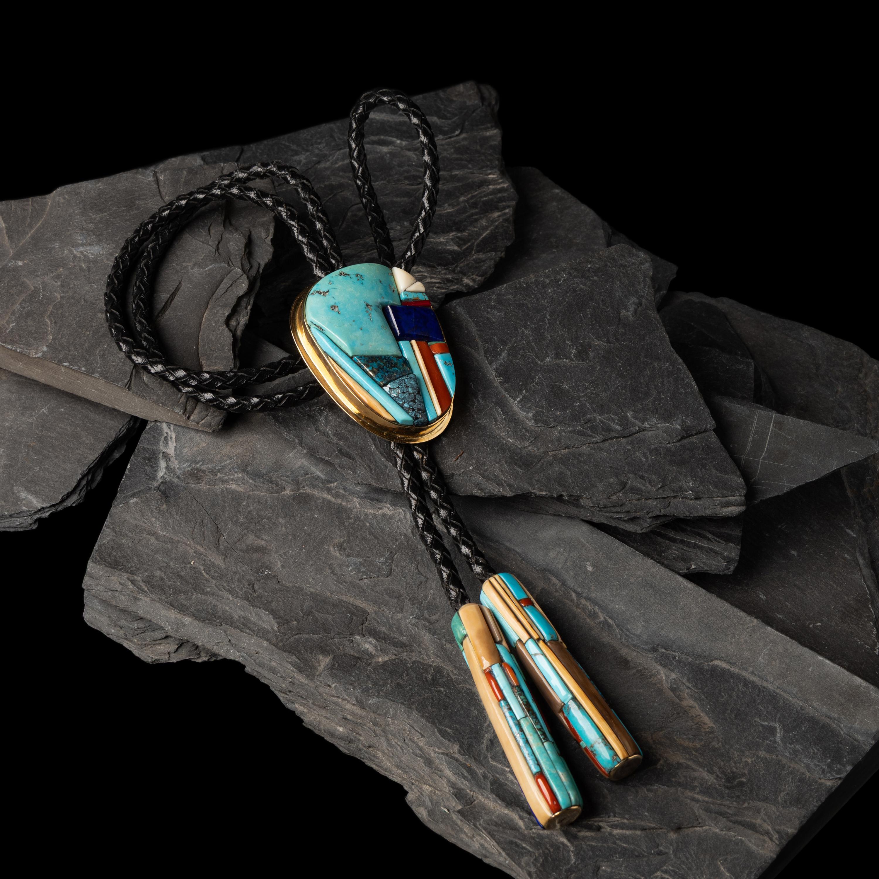 Darryl Edwards (American, 20th century) — Southwestern-style 14K Gold and Cobblestone Inlay Bolo Tie