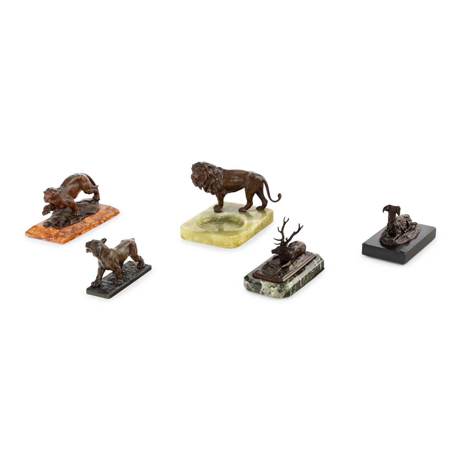 A Group of Five Cast and Patinated Bronze Animalier Figures