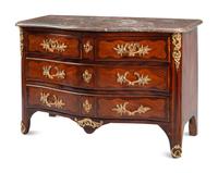 A Régence Gilt Bronze Mounted Kingwood and Tulipwood Parquetry Marble-Top Commode