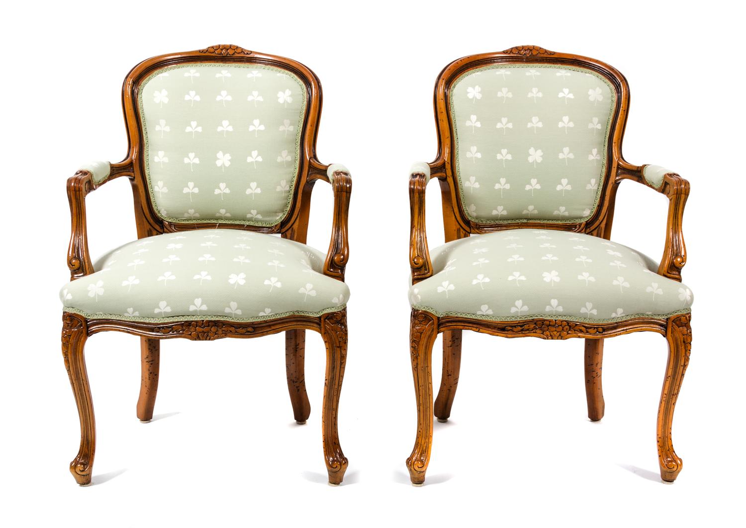 A Pair of Louis XV Style Walnut Fauteuils Height 34 inches. — 20TH CENTURY