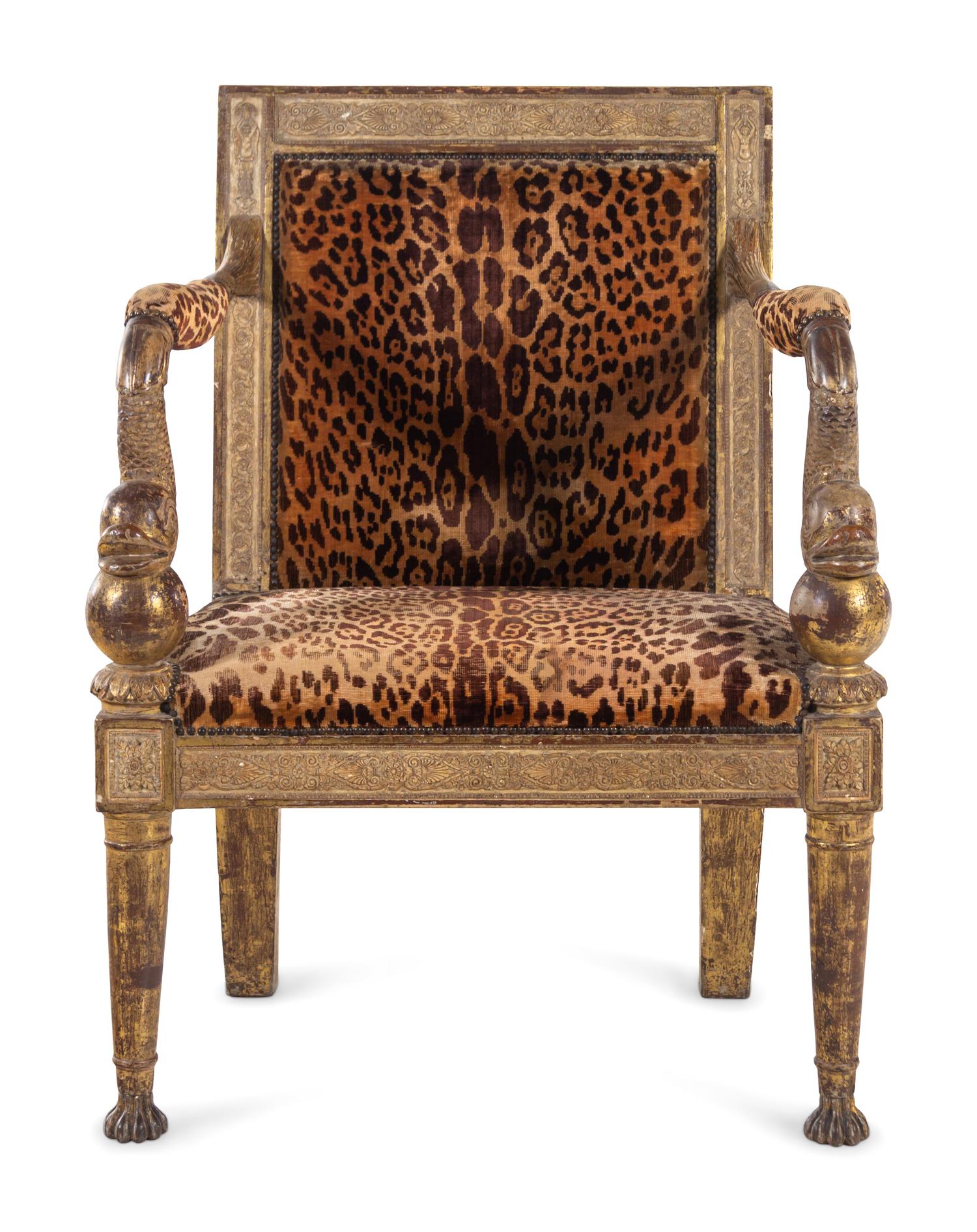 An Italian Neoclassical "Mecca" and Parcel Gilt Armchair
