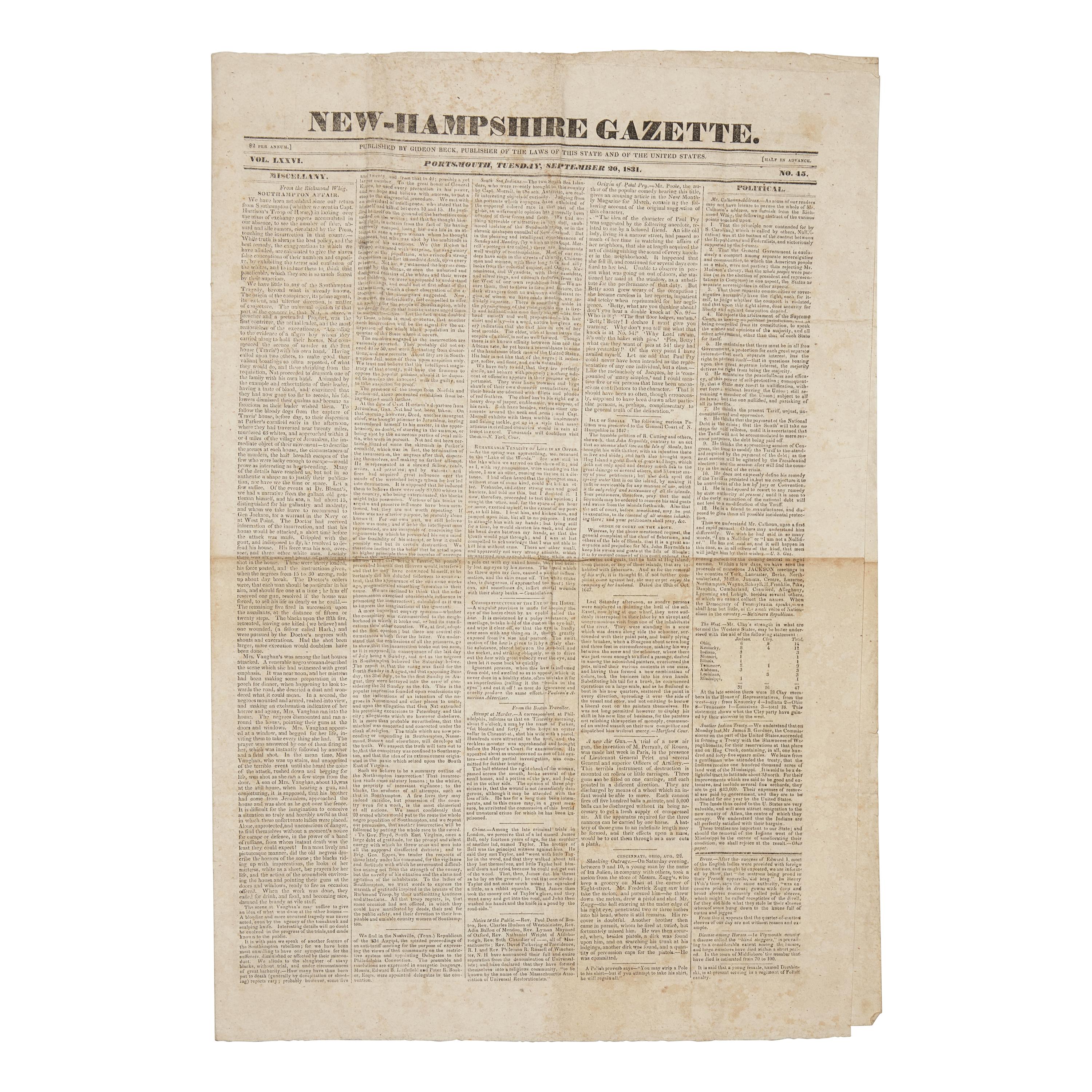 [African-Americana] [Nat Turner Rebellion] New-Hampshire Gazette, with a Highly Detailed Front-Page Report on Nat Turner's Rebellion