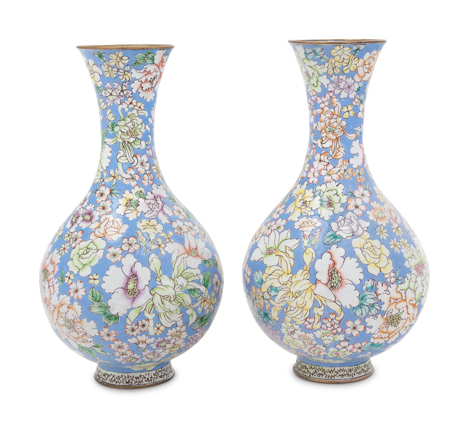 A Pair of Chinese Canton Enamel on Copper Bottles Vases