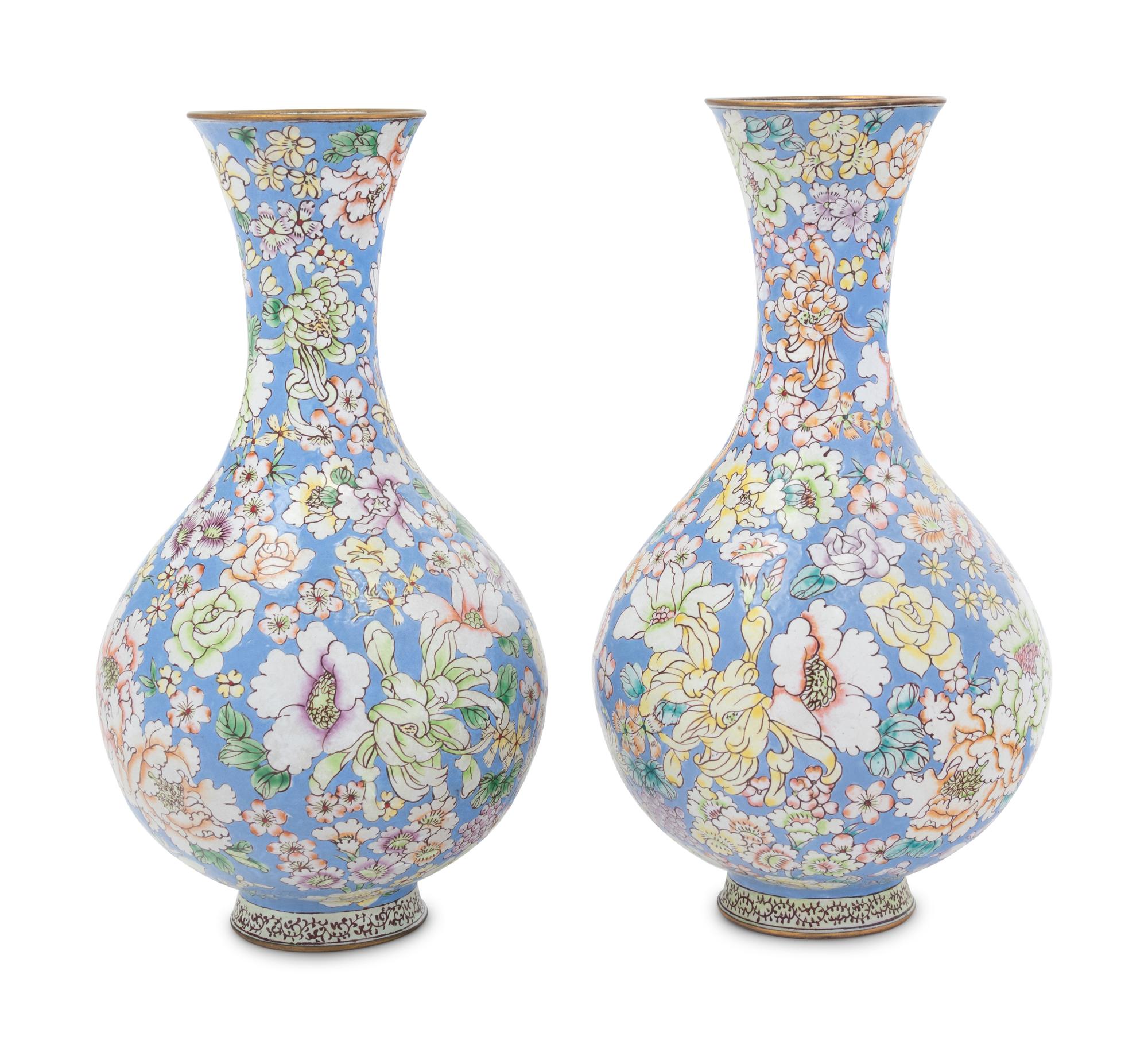 A Pair of Chinese Canton Enamel on Copper Bottles Vases