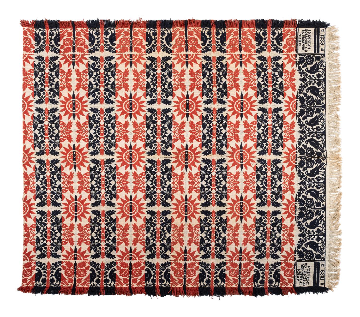 A Red, White, and Blue Bird and Sunflower Jacquard Coverlet