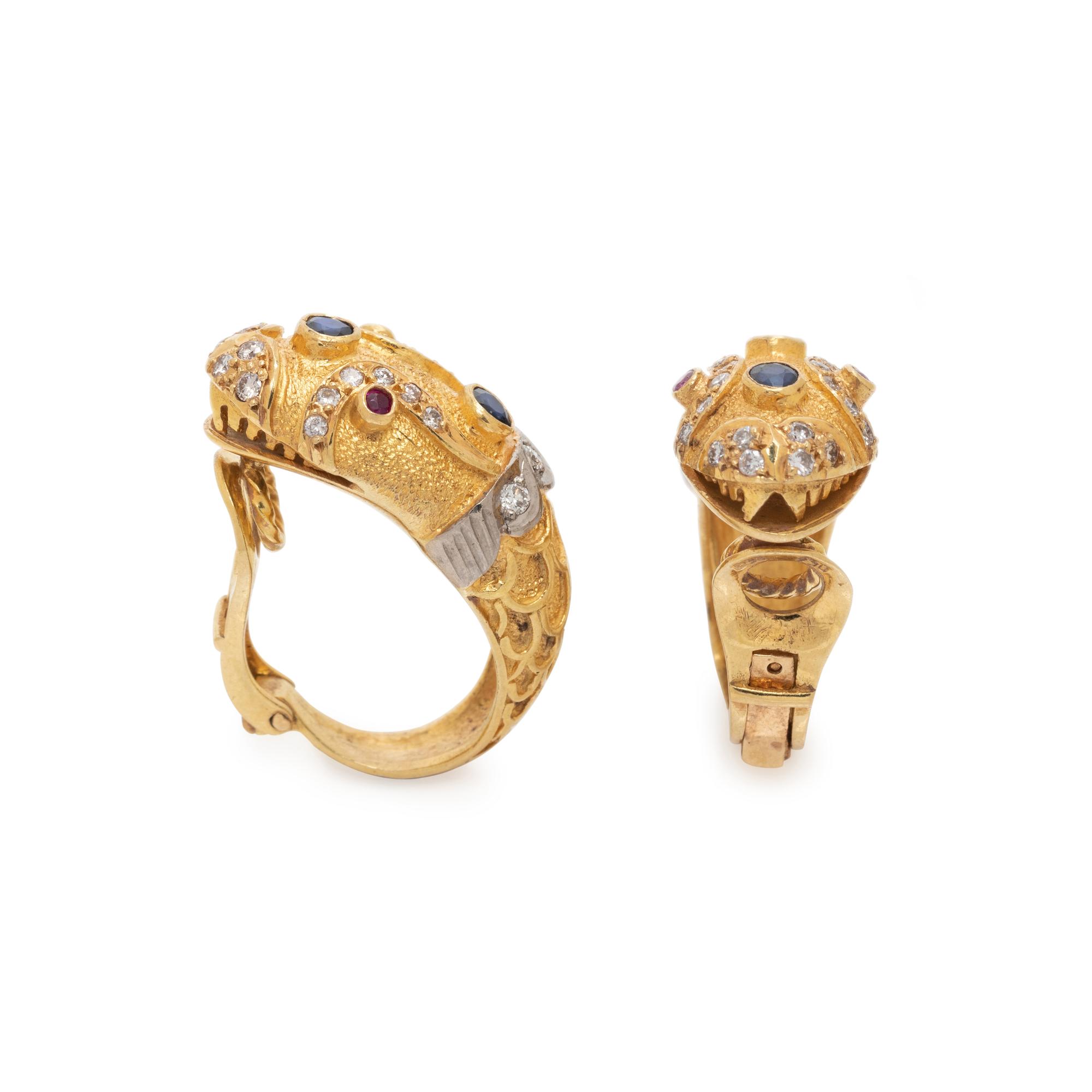 YELLOW GOLD, DIAMOND AND GEMSTONE CHIMERA EARCLIPS