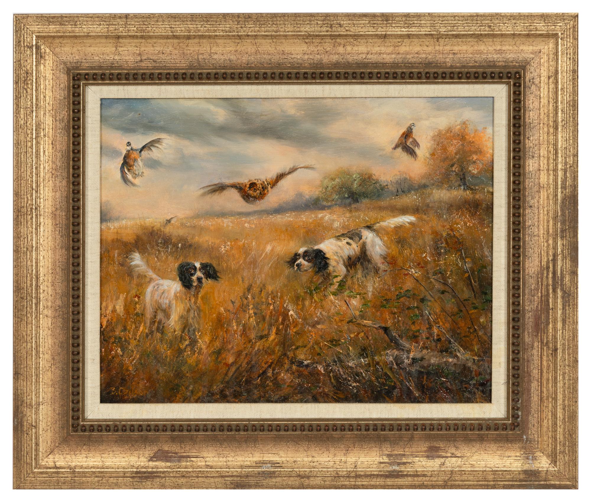 A Dog Chasing a Pheasant and Two Hounds in the Field, with Bob Whites in flight (two works)