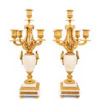 A Pair of Louis XVI Style Marble and Gilt Bronze Five-Light Candelabra