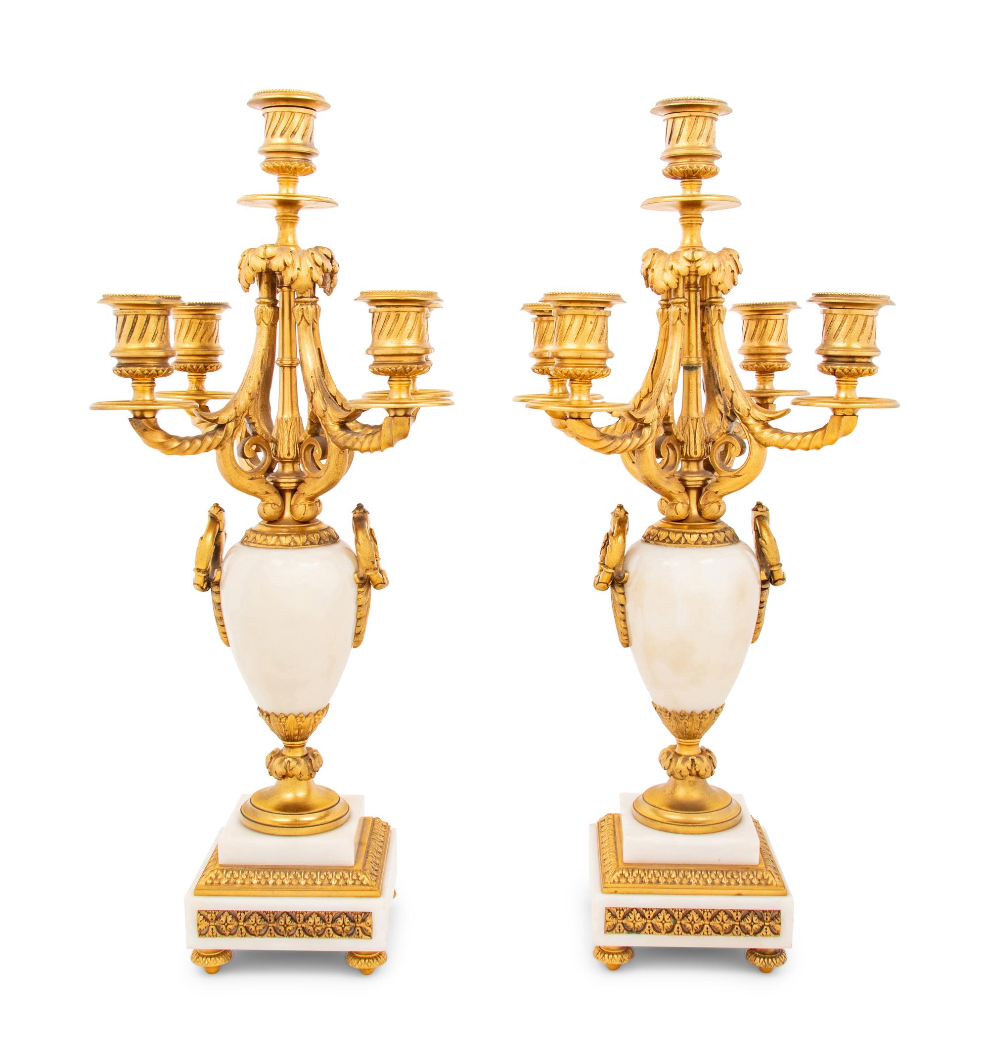 A Pair of Louis XVI Style Marble and Gilt Bronze Five-Light Candelabra