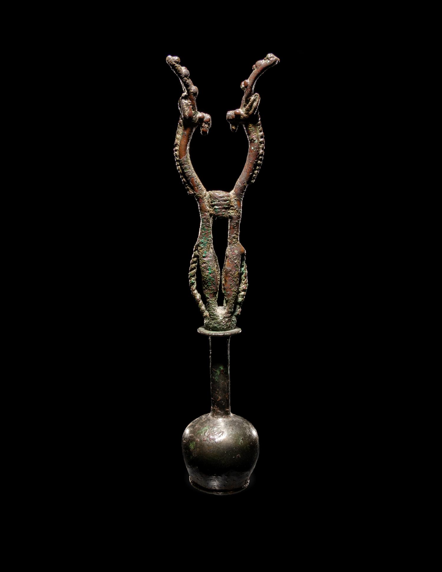 A Luristan Bronze Standard Finial with Two Ibexes