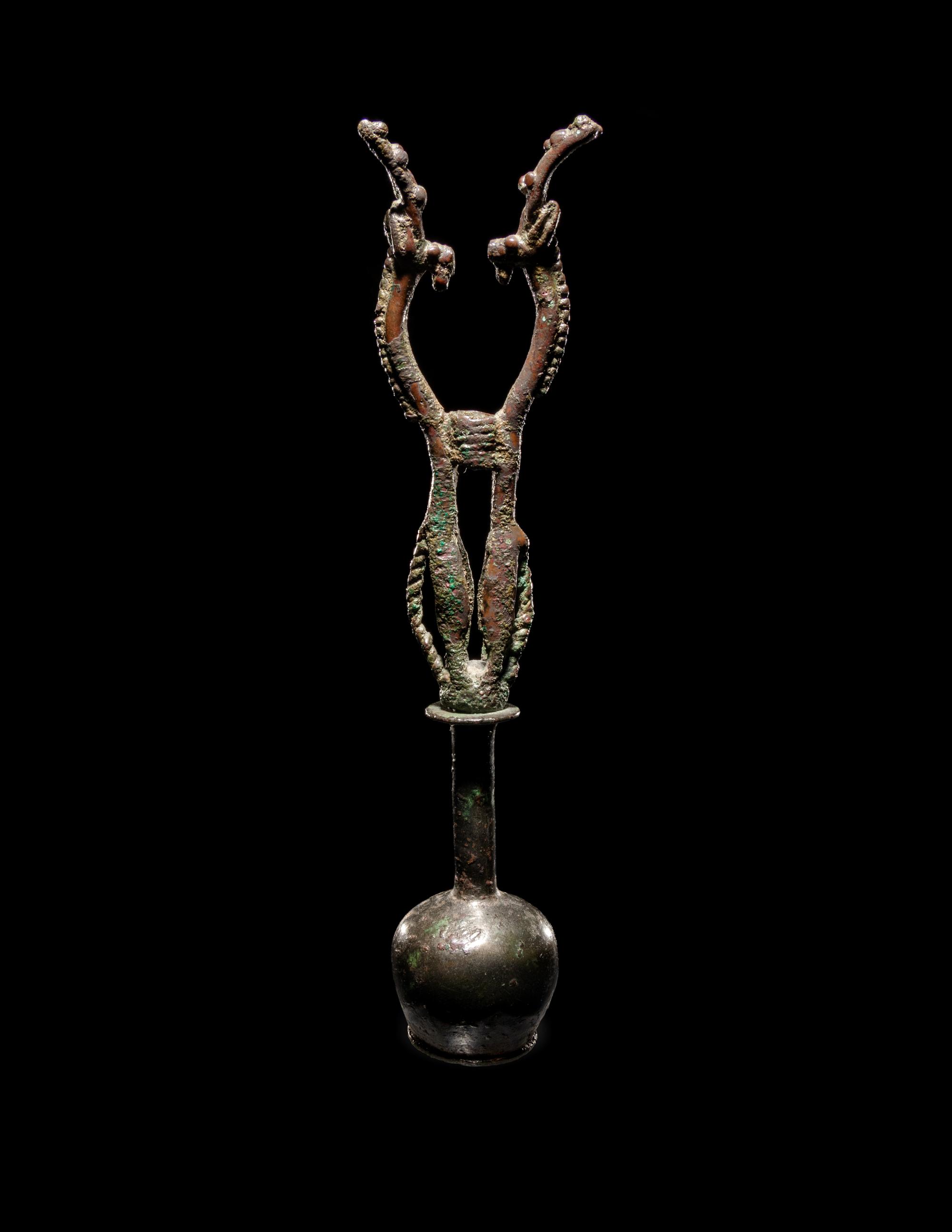 A Luristan Bronze Standard Finial with Two Ibexes