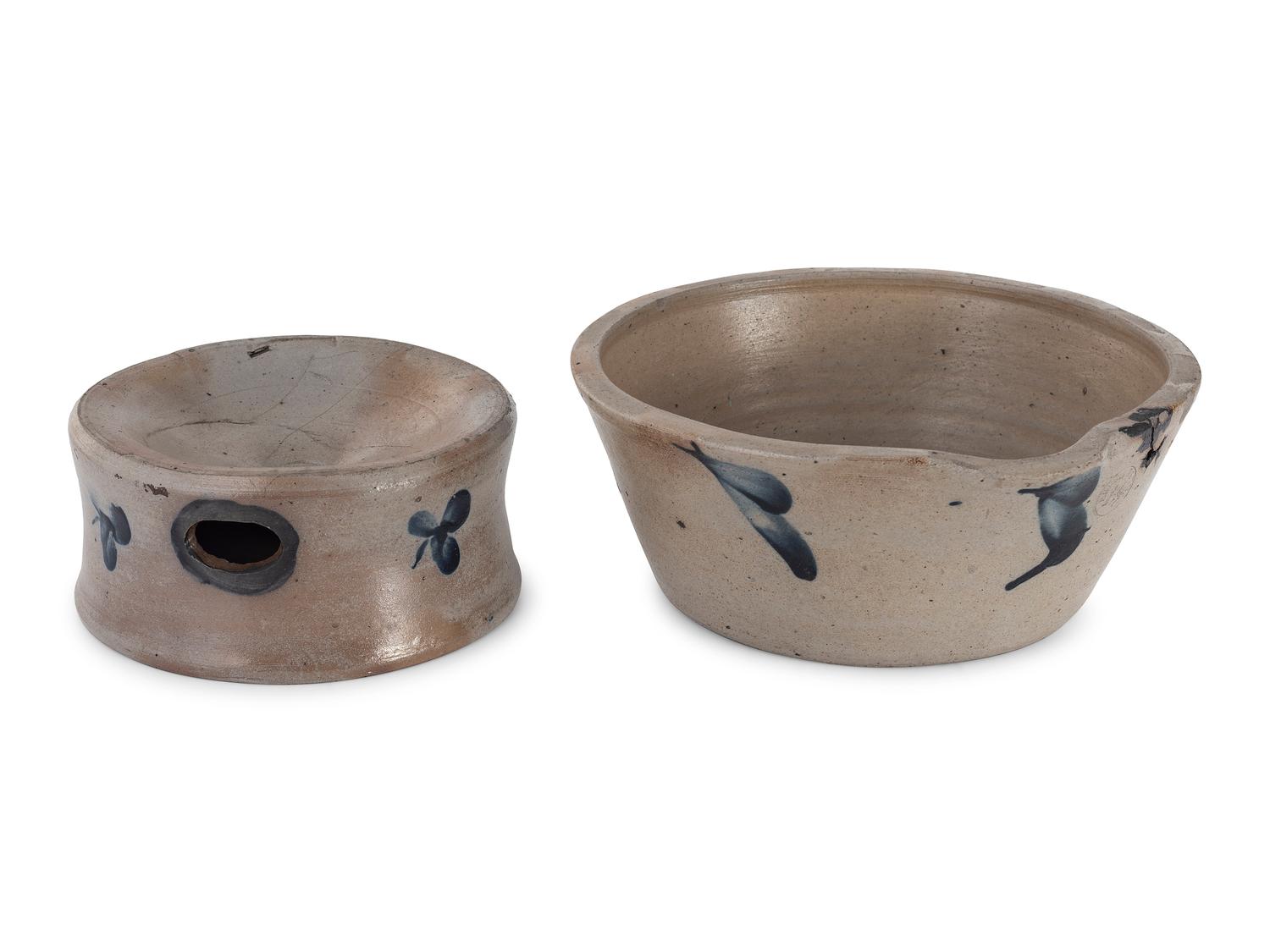 A Cobalt Decorated Stoneware Milk Pan and Spittoon