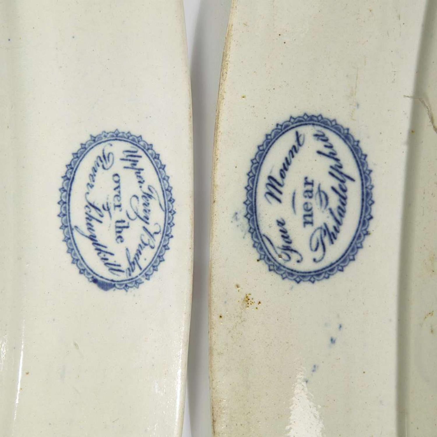 A group of eight Staffordshire Historical Blue tablewares in Philadelphia Views; Joseph Stubbs and others, England, first half 19th century