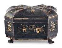 A Chinese Export Black Lacquer and Parcel-Gilt Tea Caddy