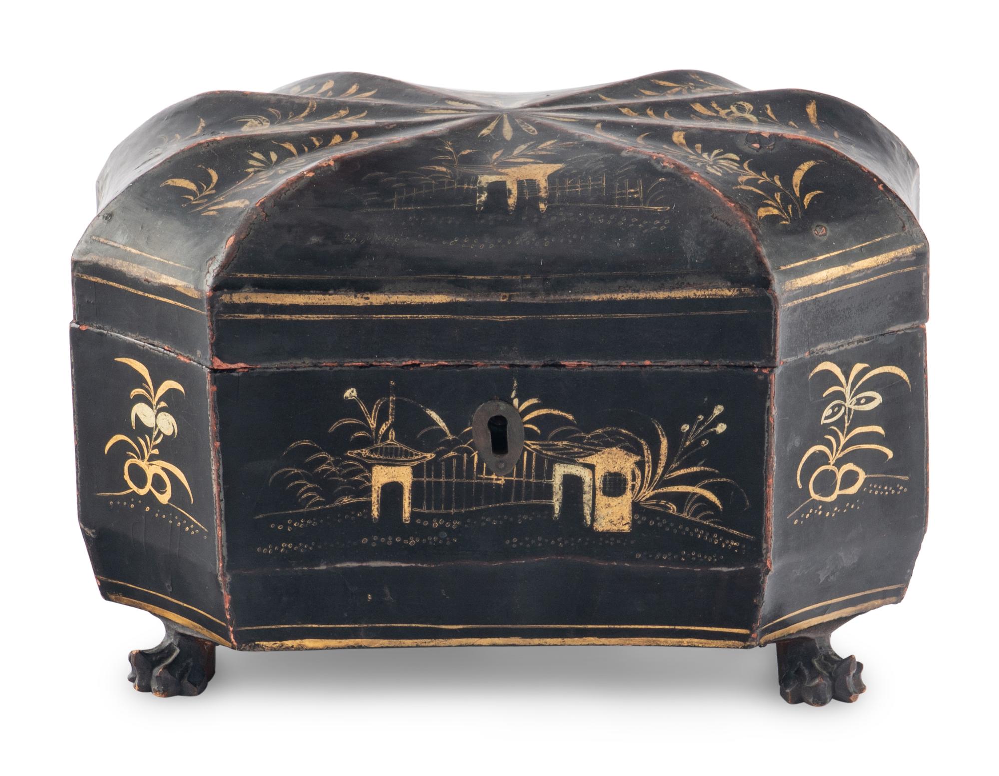 A Chinese Export Black Lacquer and Parcel-Gilt Tea Caddy
